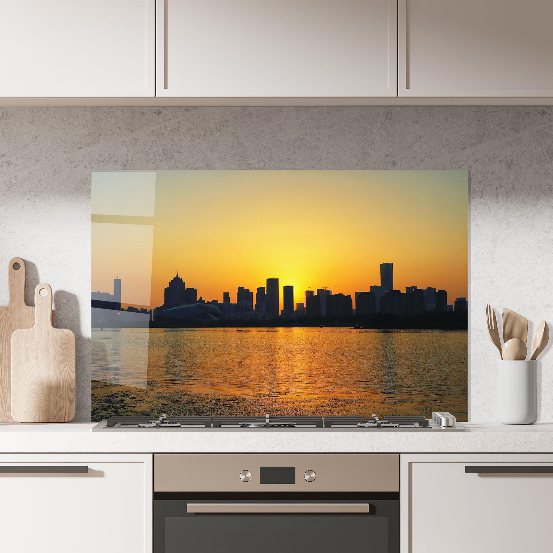 Panou Sticla Bucatarie City Building Sunset mockup 7