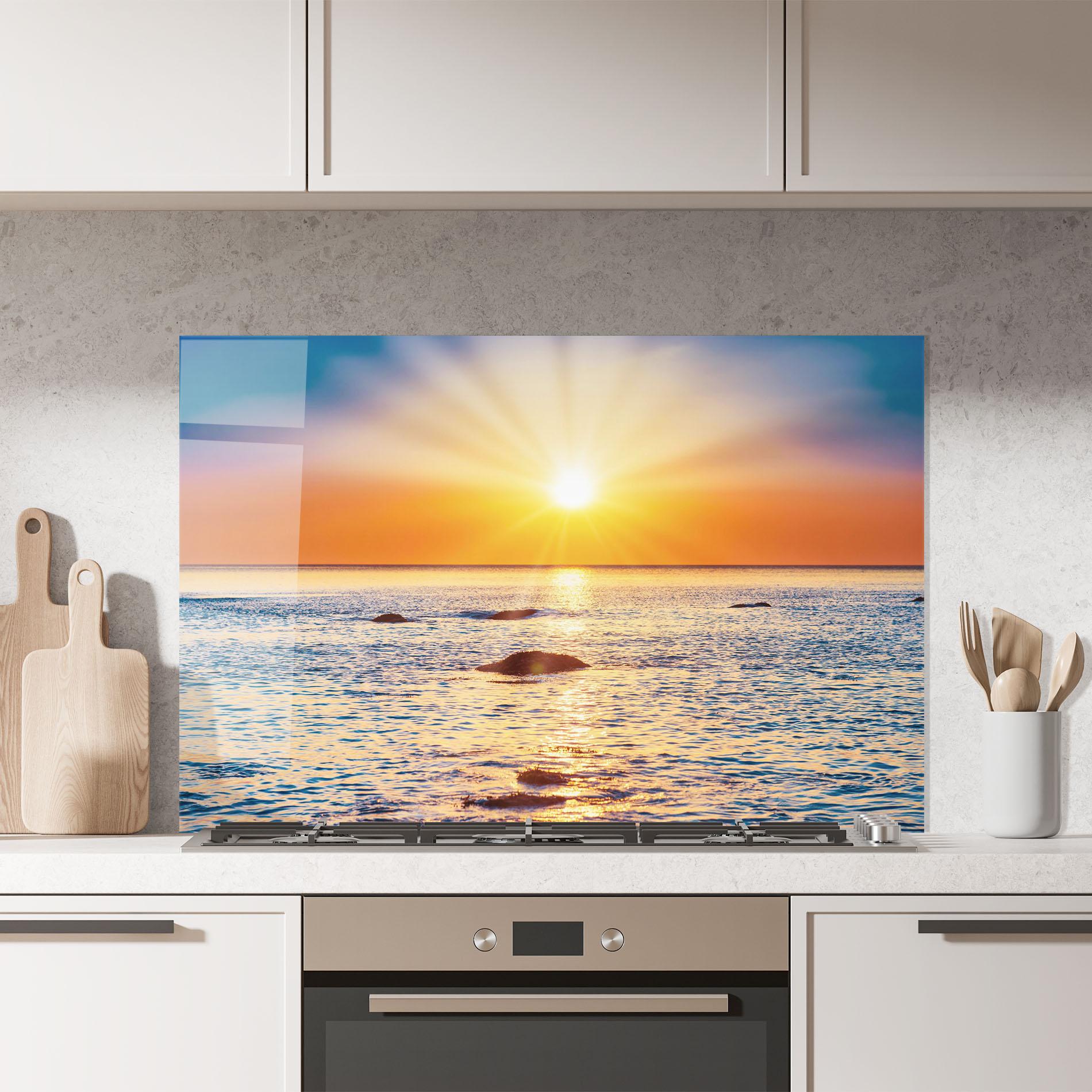 Panou Sticla Bucatarie Sunset Beach Rocks mockup 7