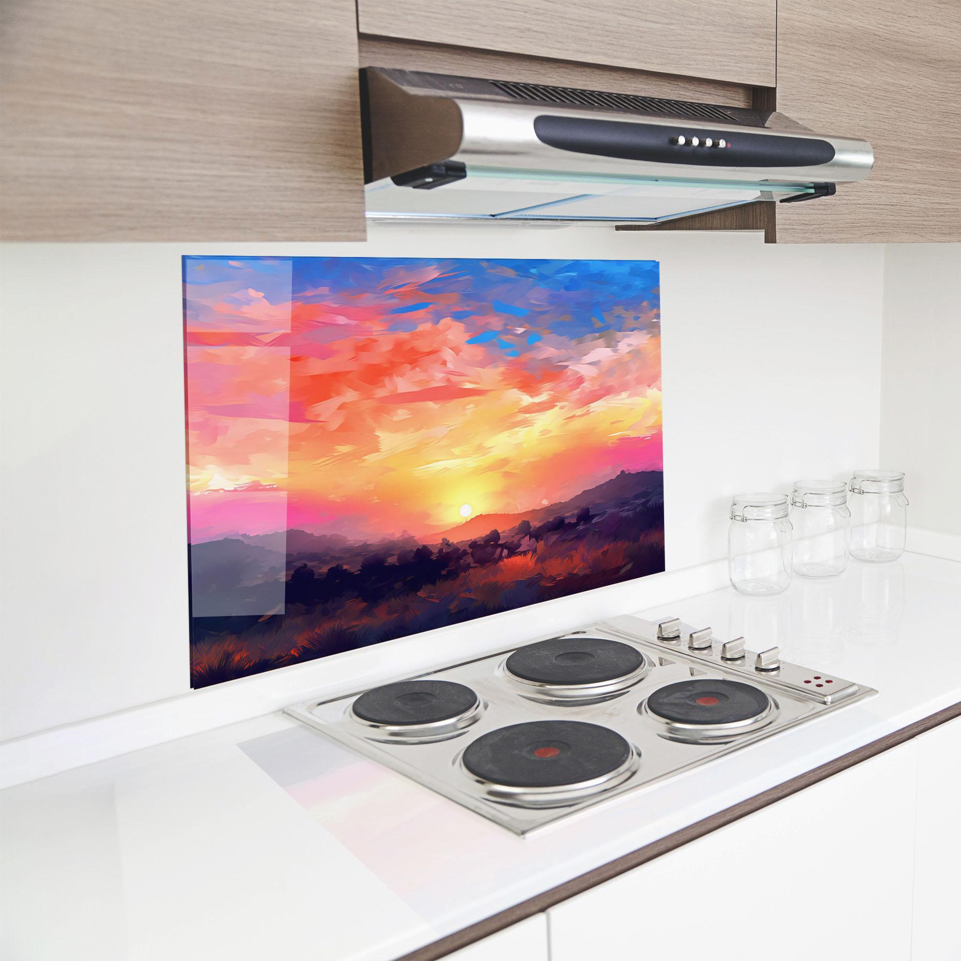 Panou Sticla Bucatarie Colorful Sunset Mountains mockup 8