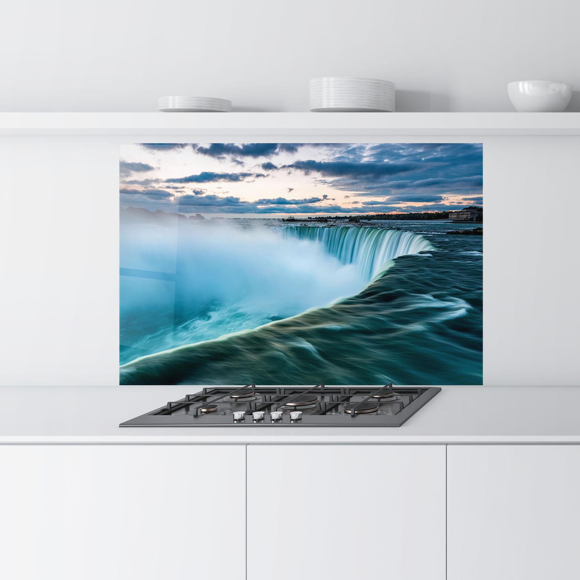 Panou Sticla Bucatarie Dreamy Blue Waterfall mockup 9