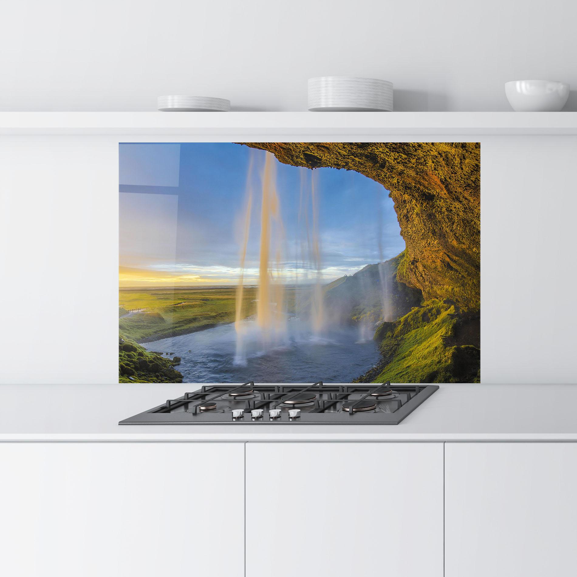 Panou Sticla Bucatarie Orange Waterfall mockup 9