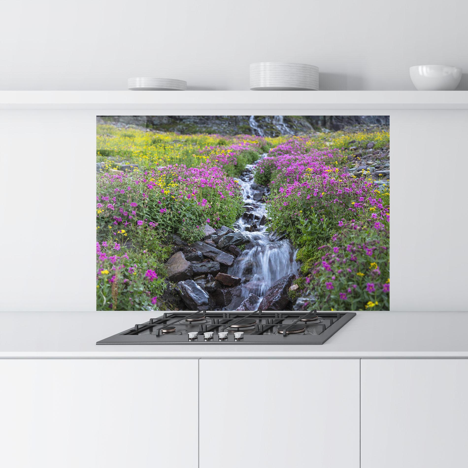 Panou Sticla Bucatarie Purple Field Waterfall mockup 9