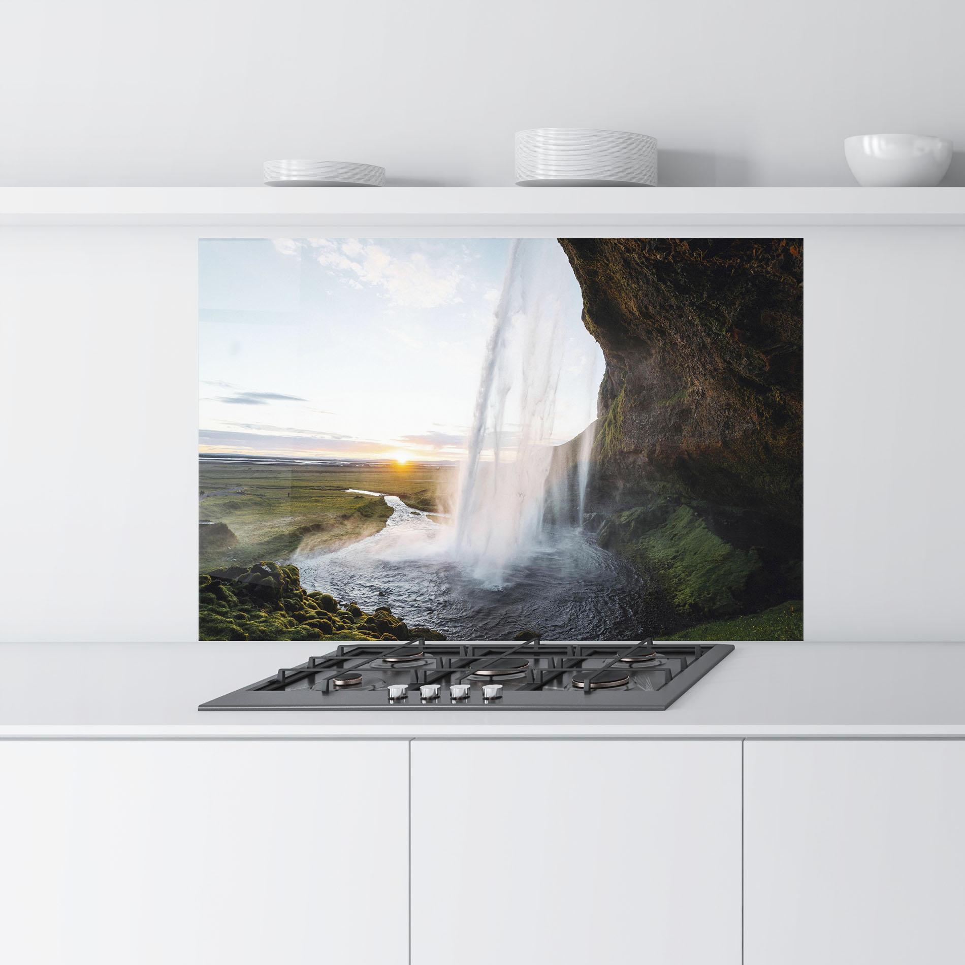 Panou Sticla Bucatarie Sunrise Waterfall mockup 9