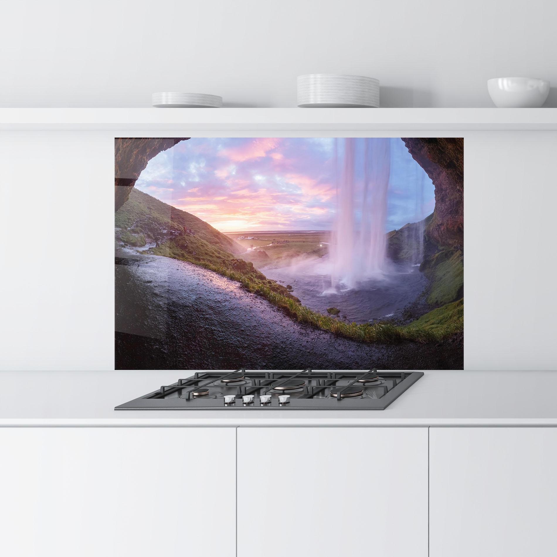 Panou Sticla Bucatarie Waterfall From Cave View mockup 9