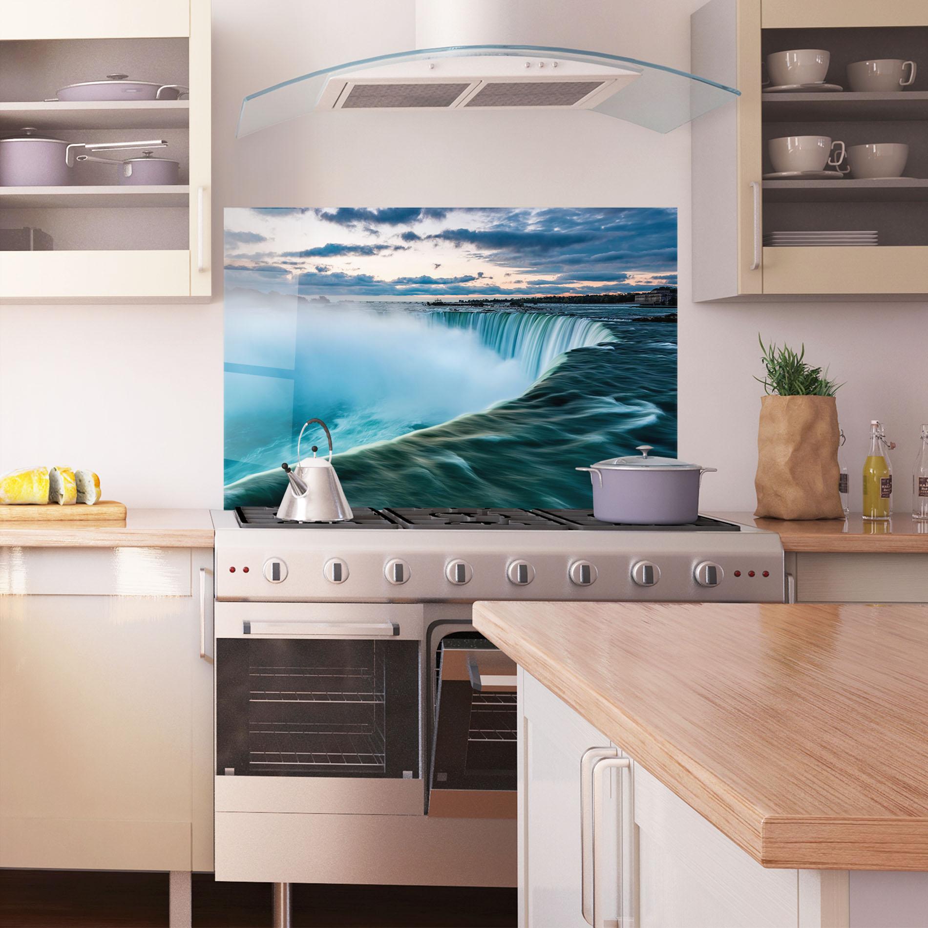 Panou Sticla Bucatarie Dreamy Blue Waterfall mockup 1