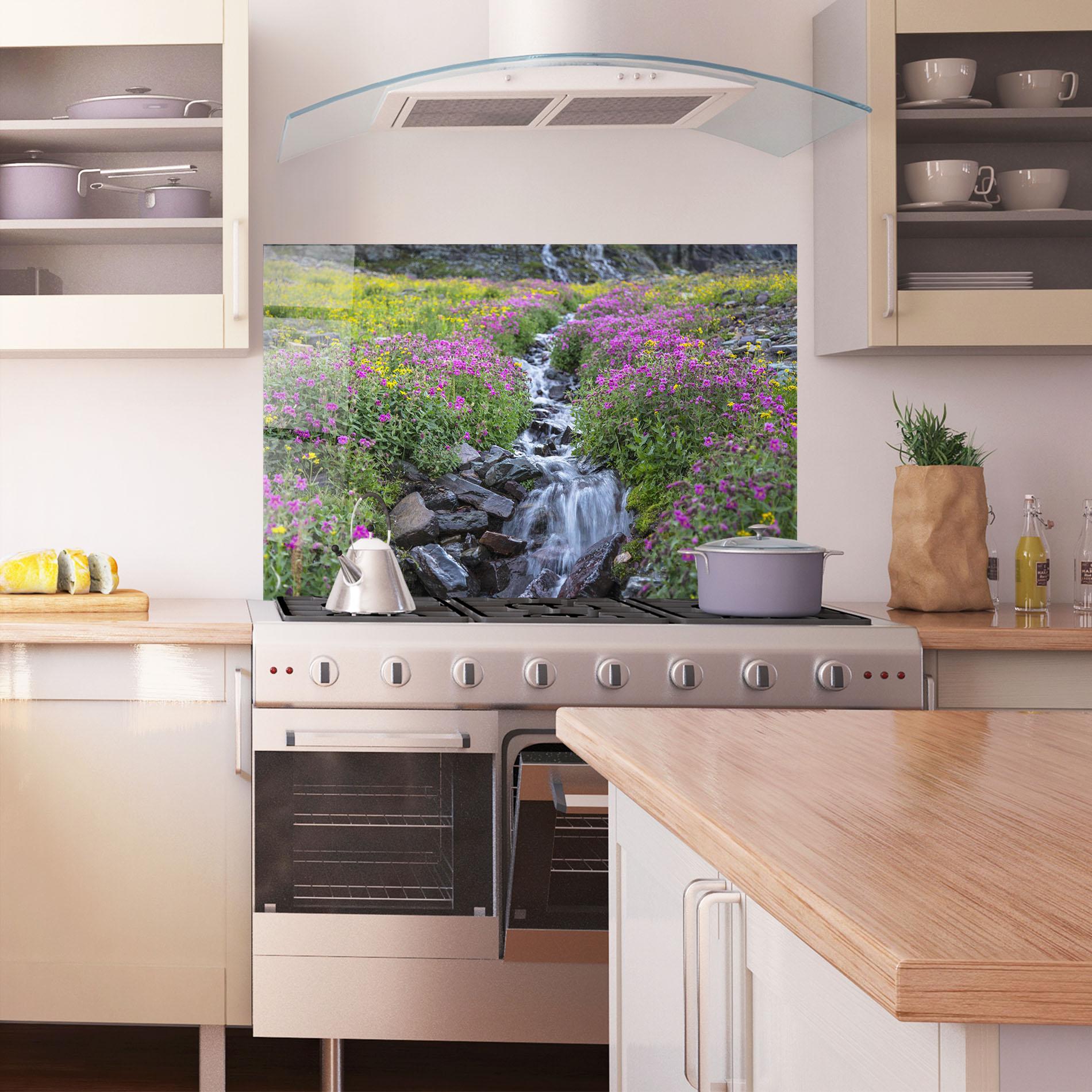 Panou Sticla Bucatarie Purple Field Waterfall mockup 1
