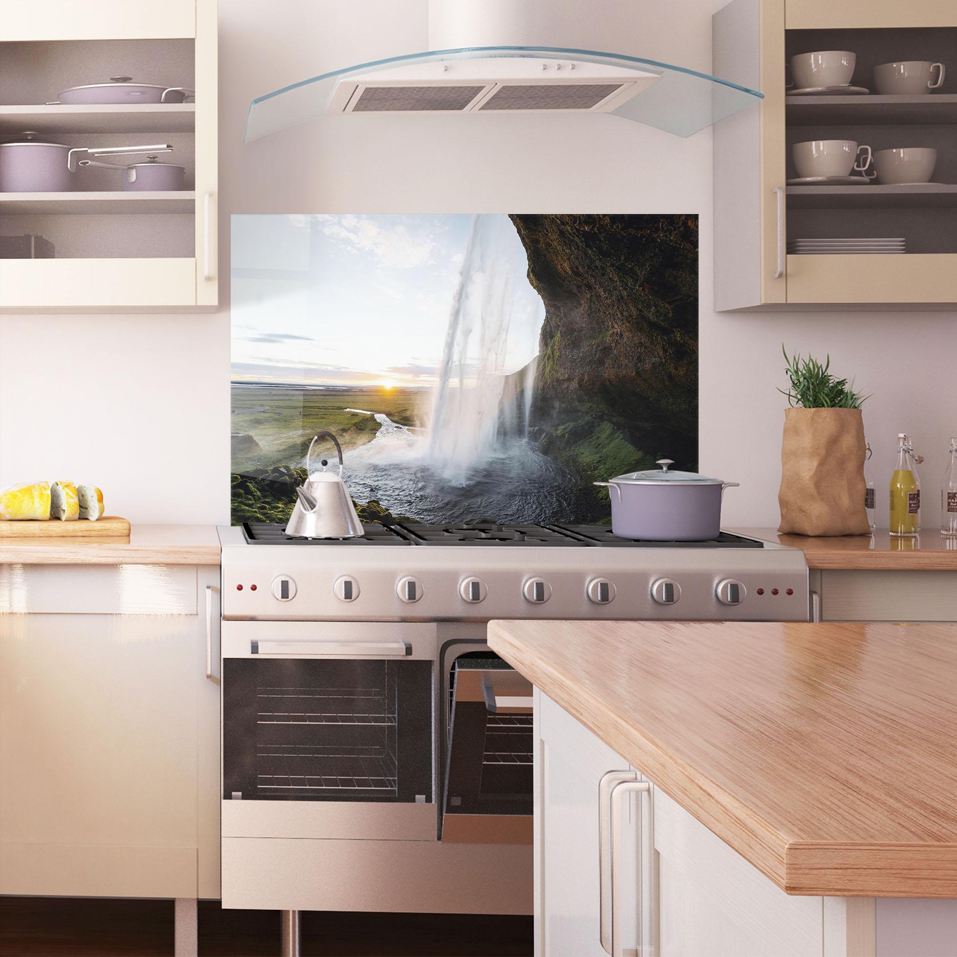 Panou Sticla Bucatarie Sunrise Waterfall mockup 1