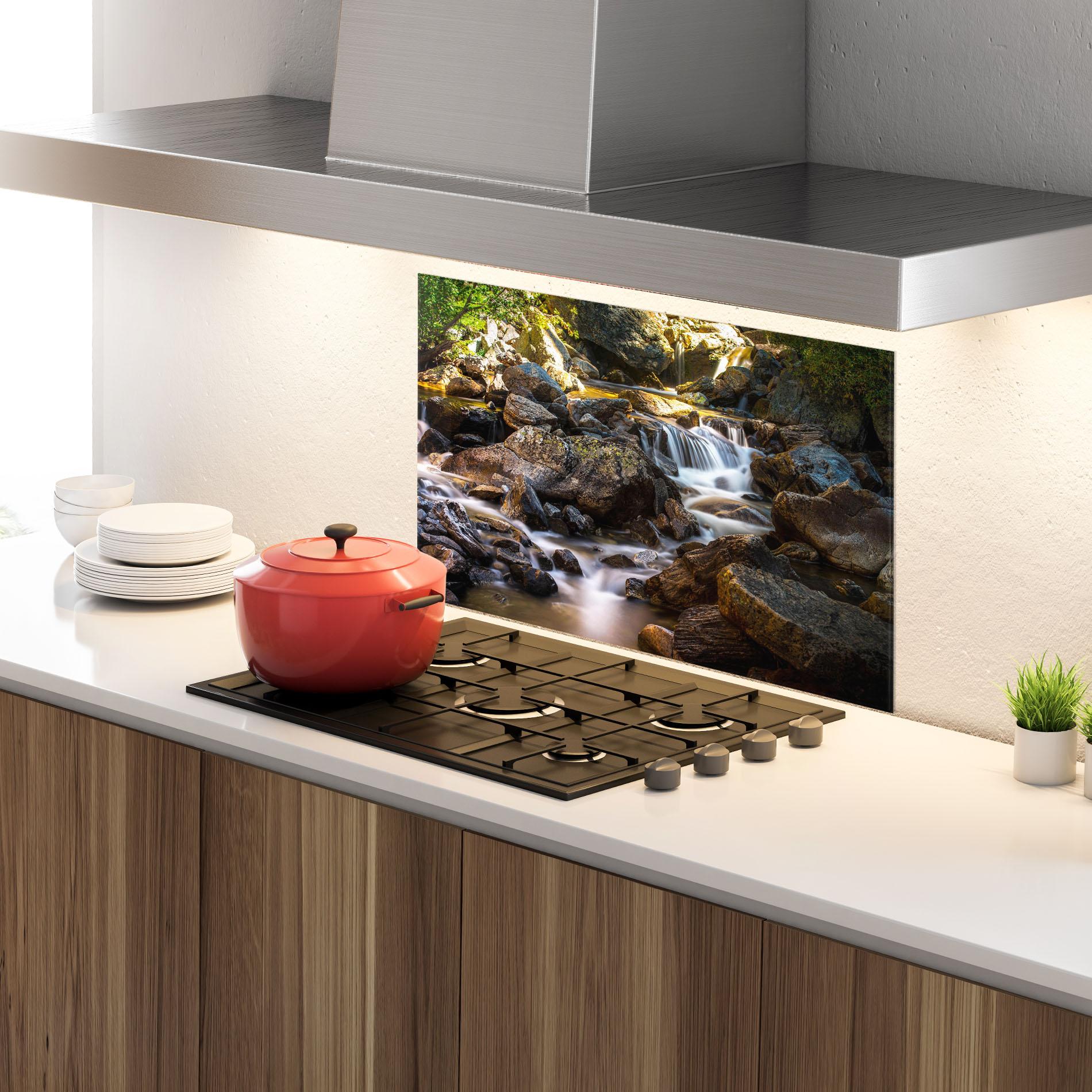 Panou Sticla Bucatarie Nature Rocks Waterfall mockup 4
