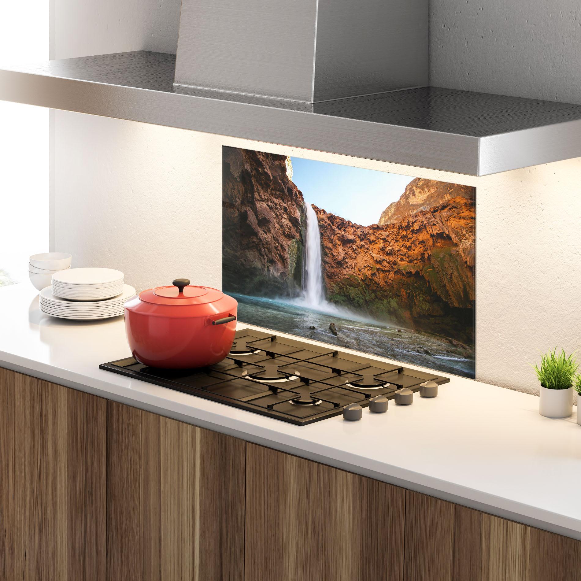 Panou Sticla Bucatarie Orange Wall Waterfall mockup 4