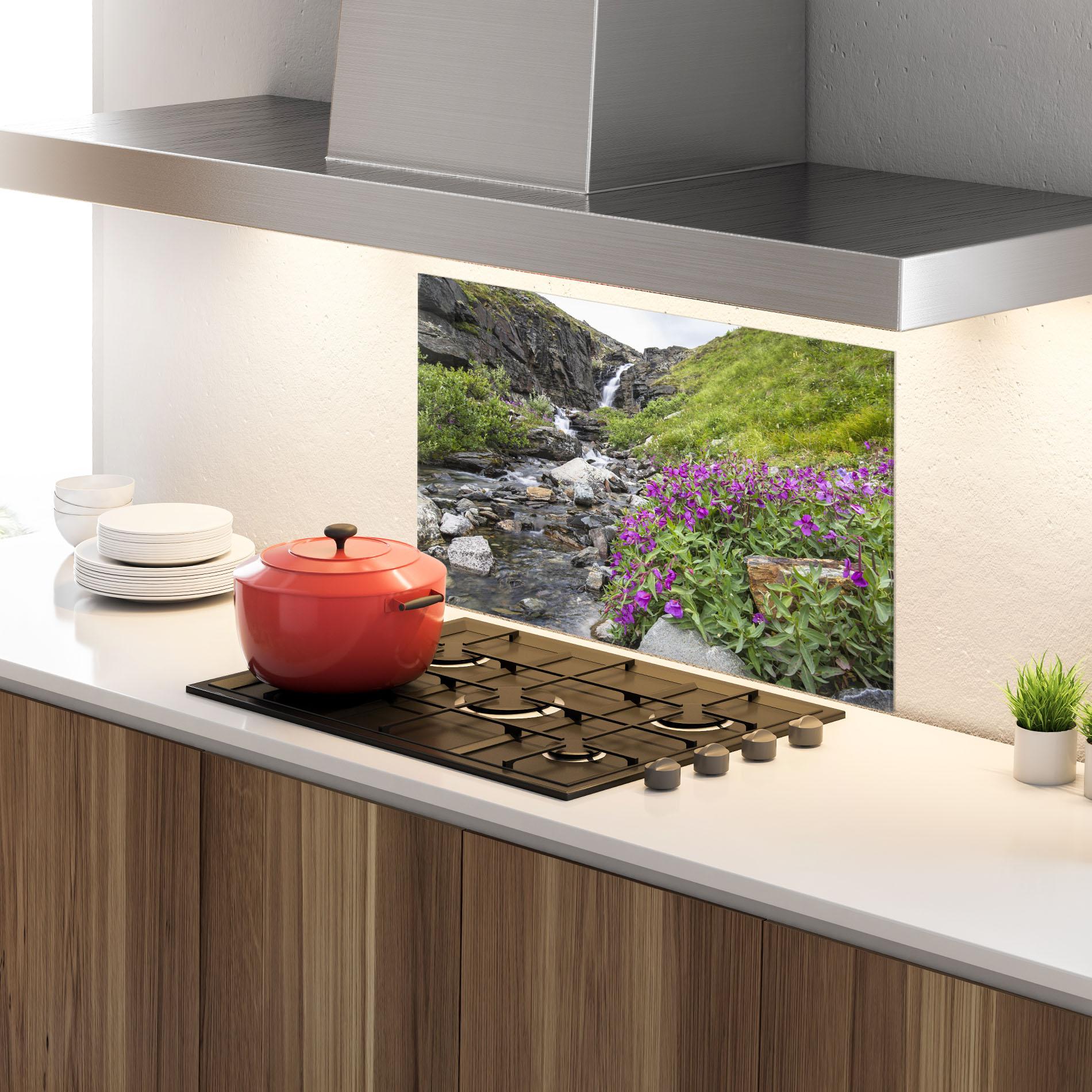 Panou Sticla Bucatarie Purple Flowers Waterfall mockup 4