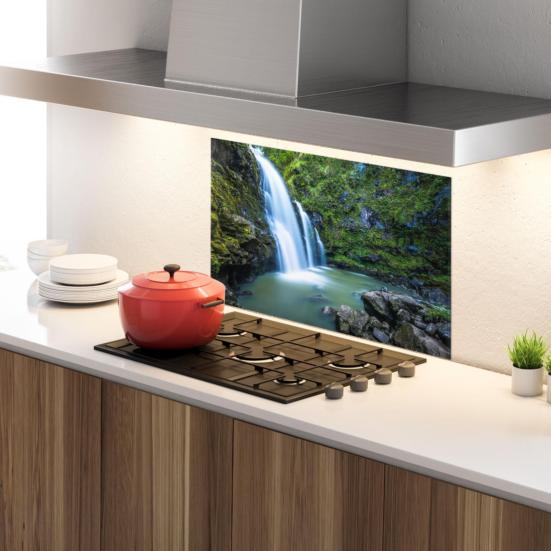 Panou Sticla Bucatarie Swimming In Waterfall mockup 4