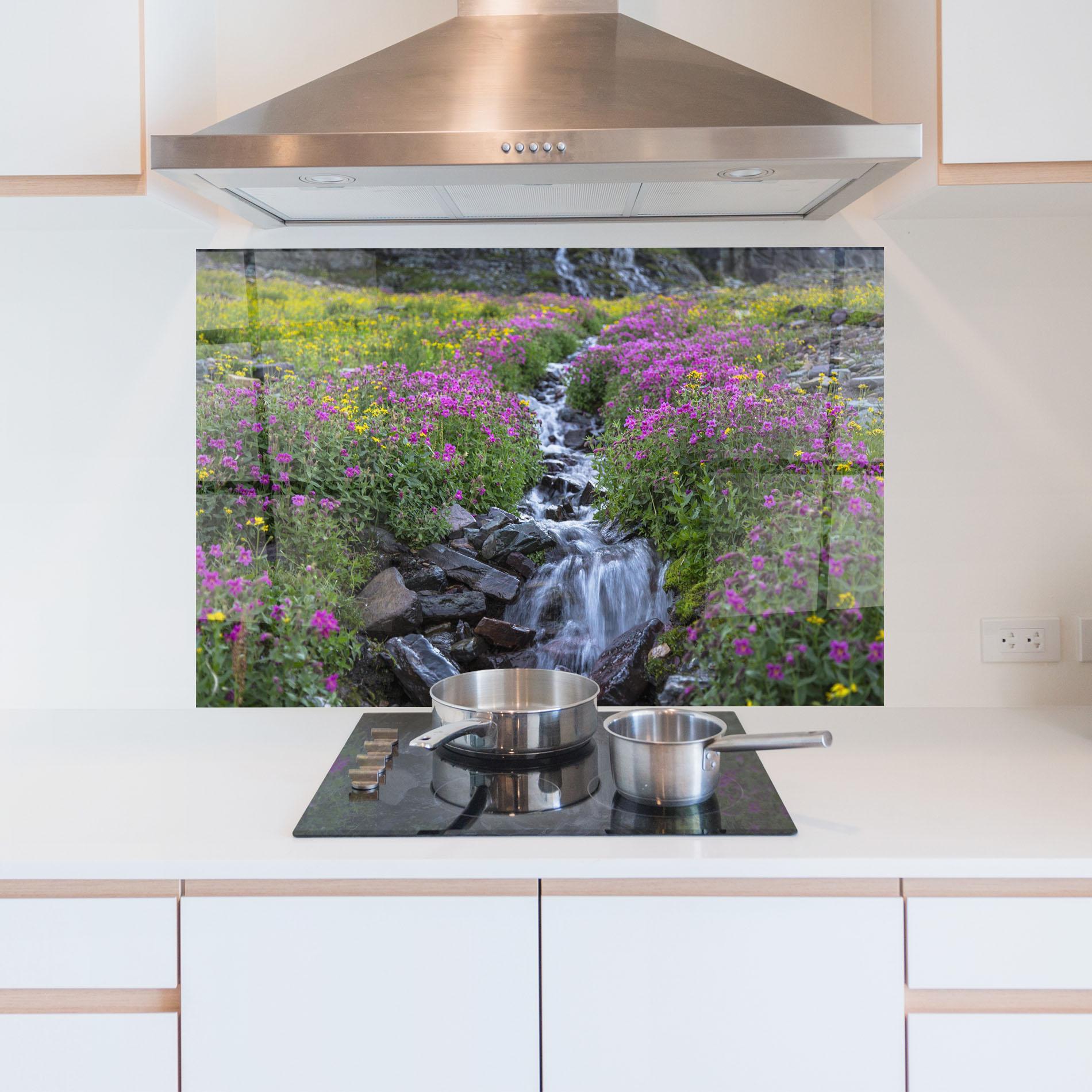 Panou Sticla Bucatarie Purple Field Waterfall mockup 5