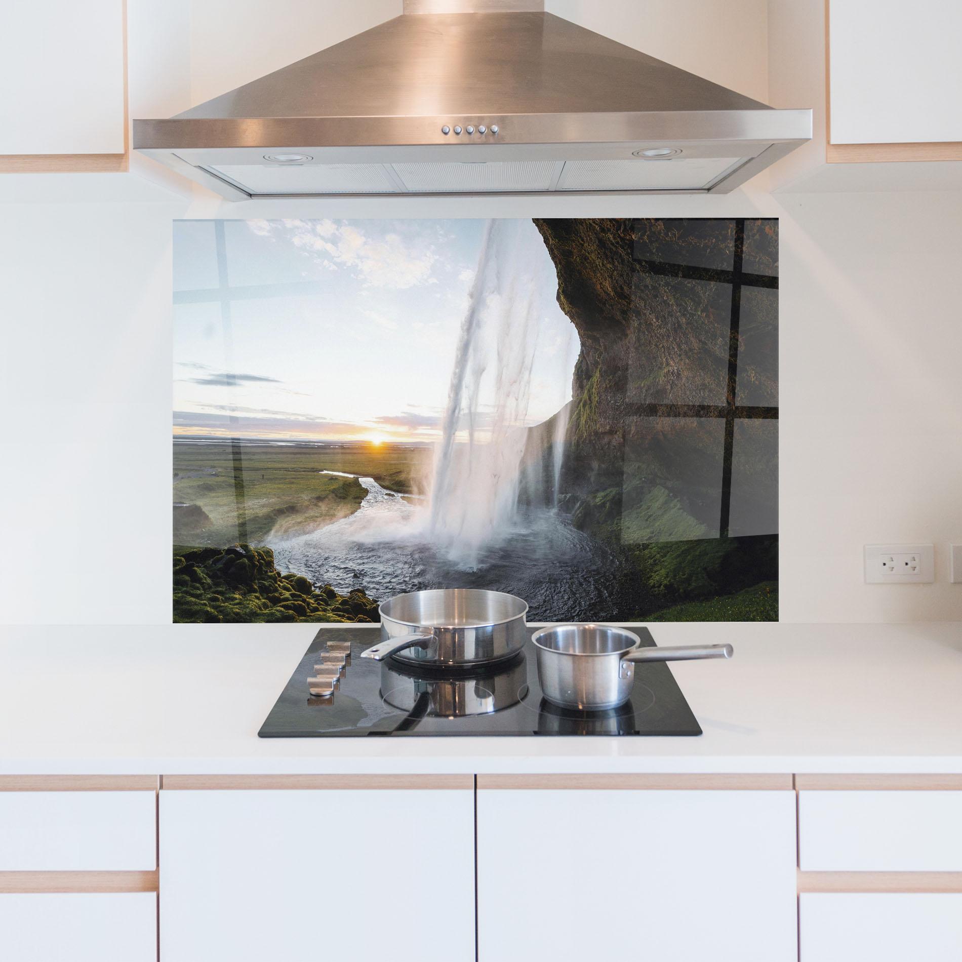Panou Sticla Bucatarie Sunrise Waterfall mockup 5