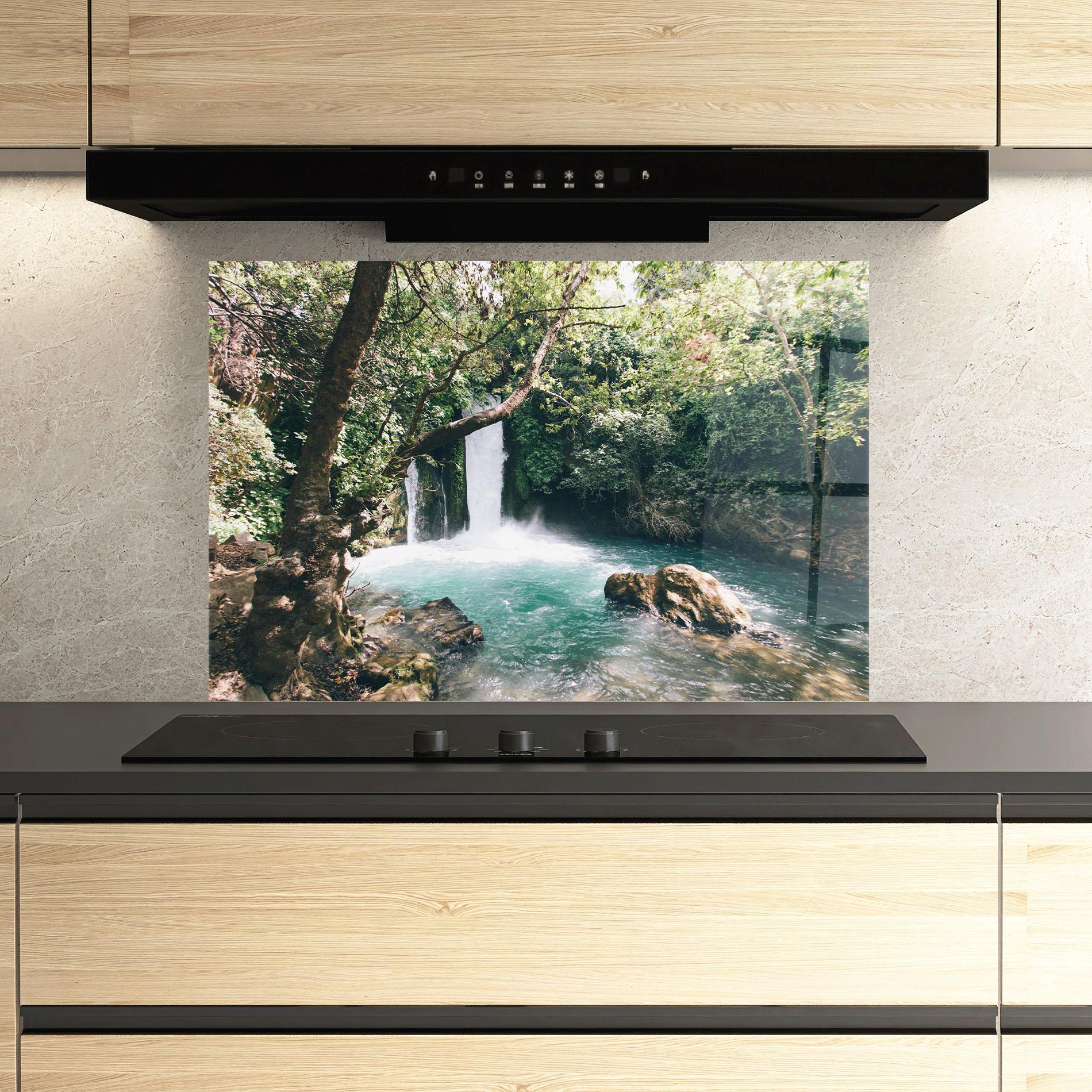 Panou Sticla Bucatarie Beautiful Blue Waterfall mockup 3