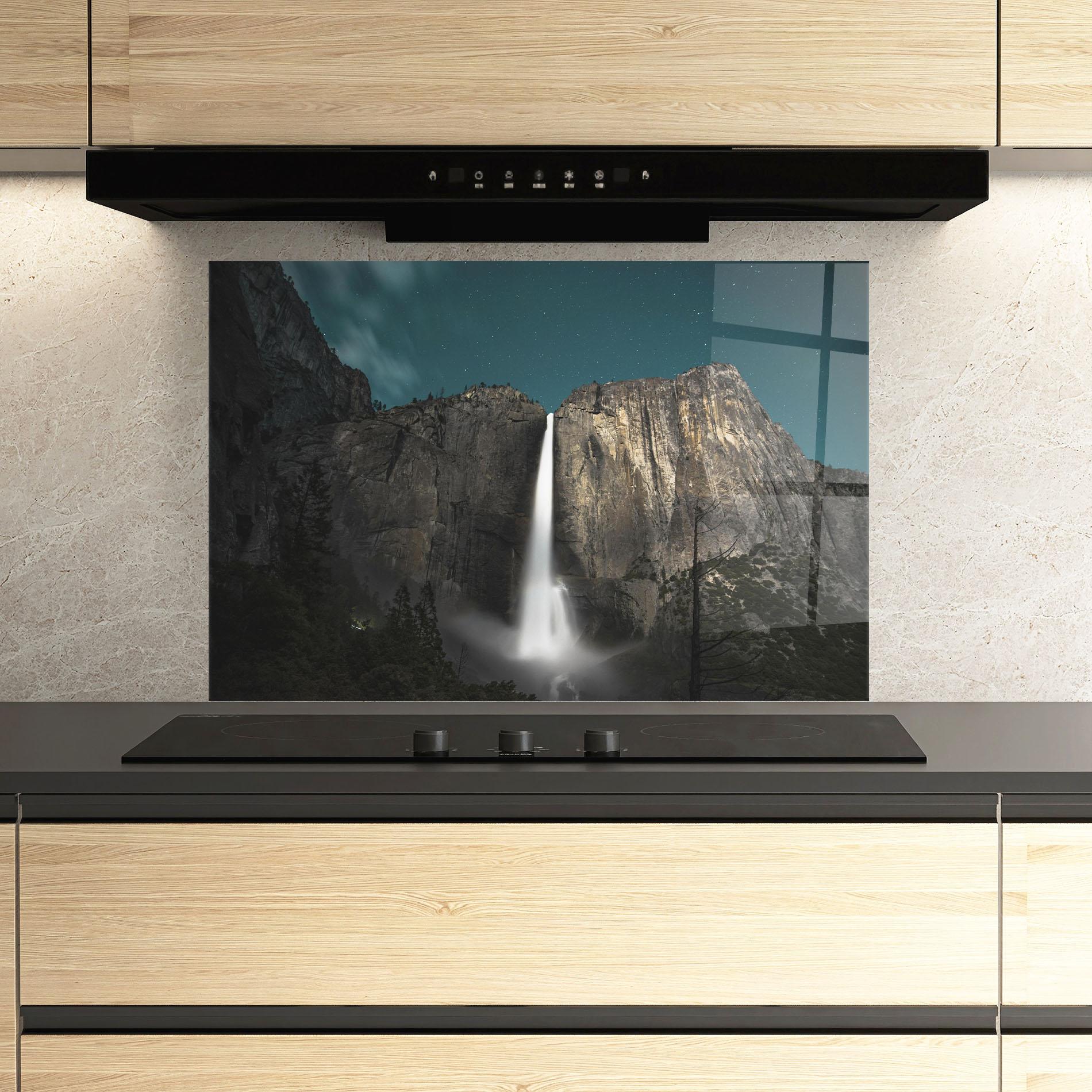 Panou Sticla Bucatarie Dark Blue Sky Waterfall mockup 3