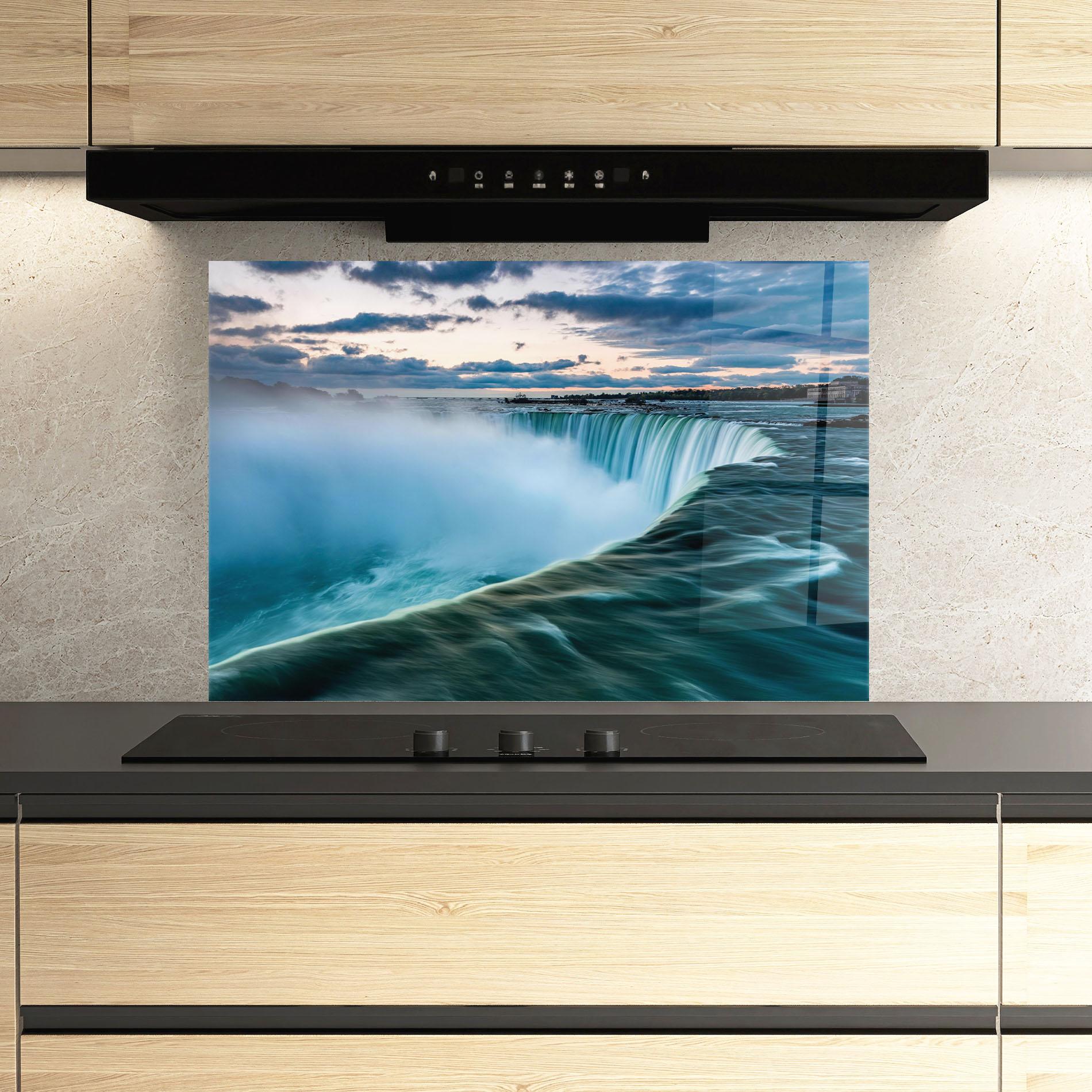 Panou Sticla Bucatarie Dreamy Blue Waterfall mockup 3