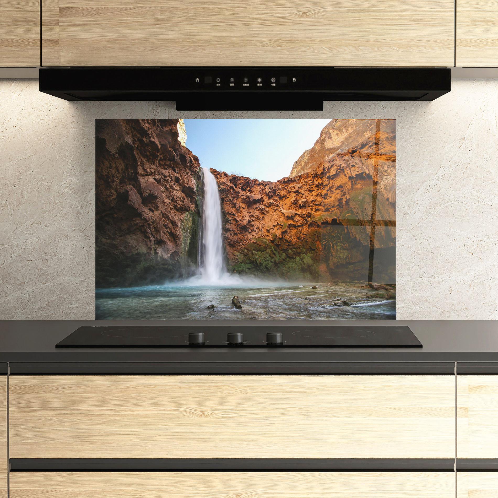 Panou Sticla Bucatarie Orange Wall Waterfall mockup 3