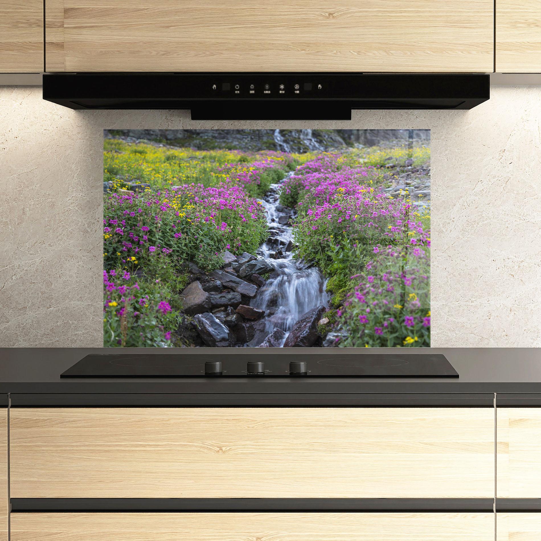 Panou Sticla Bucatarie Purple Field Waterfall mockup 3