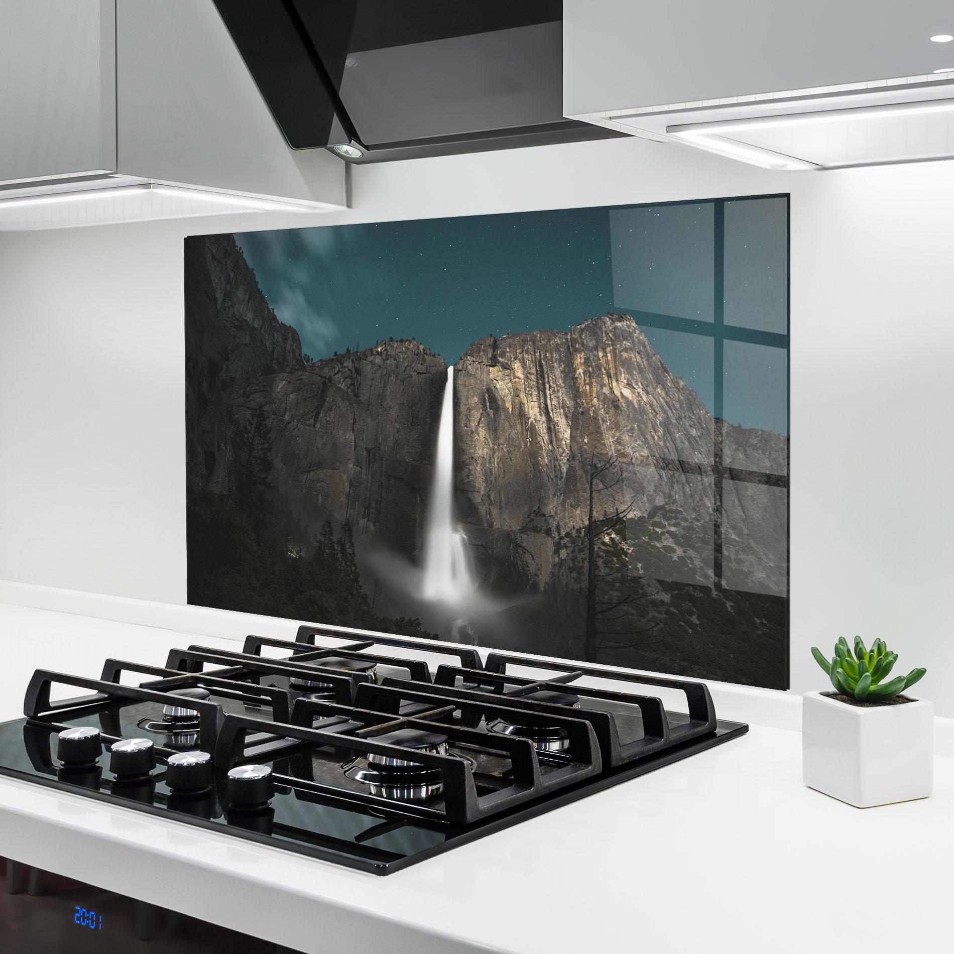 Panou Sticla Bucatarie Dark Blue Sky Waterfall mockup 6