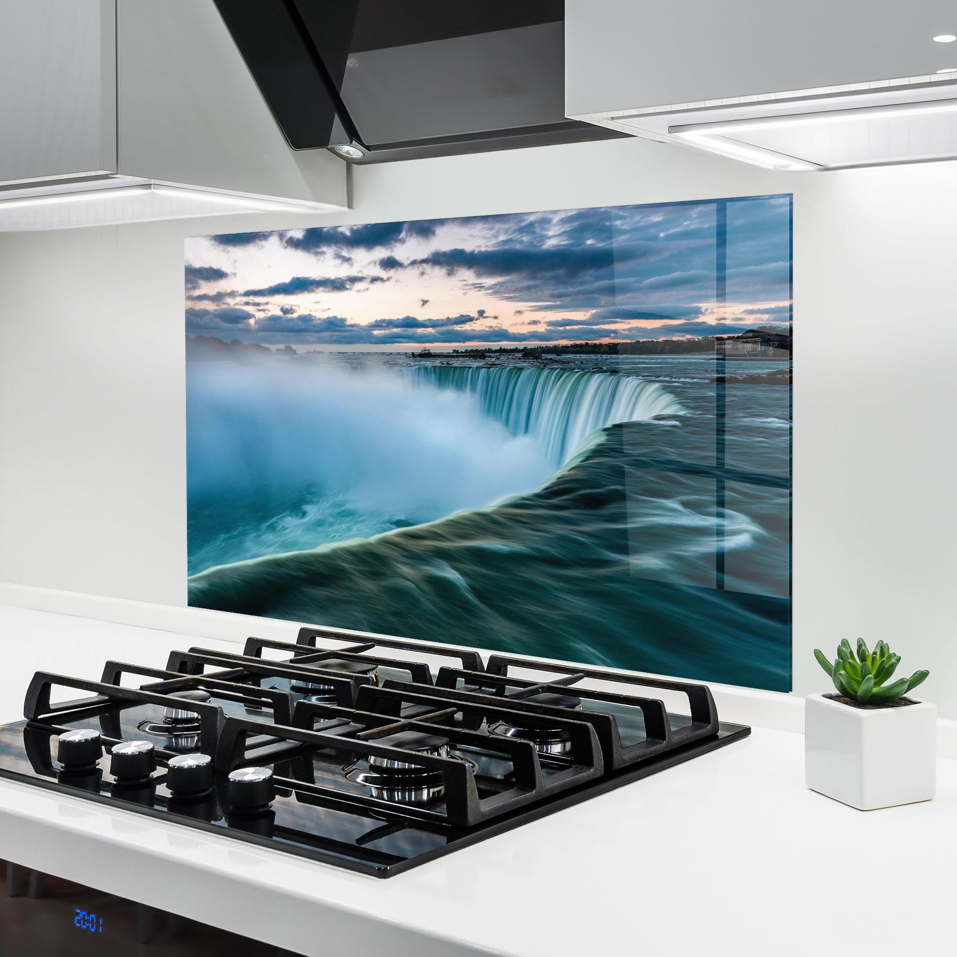 Panou Sticla Bucatarie Dreamy Blue Waterfall mockup 6