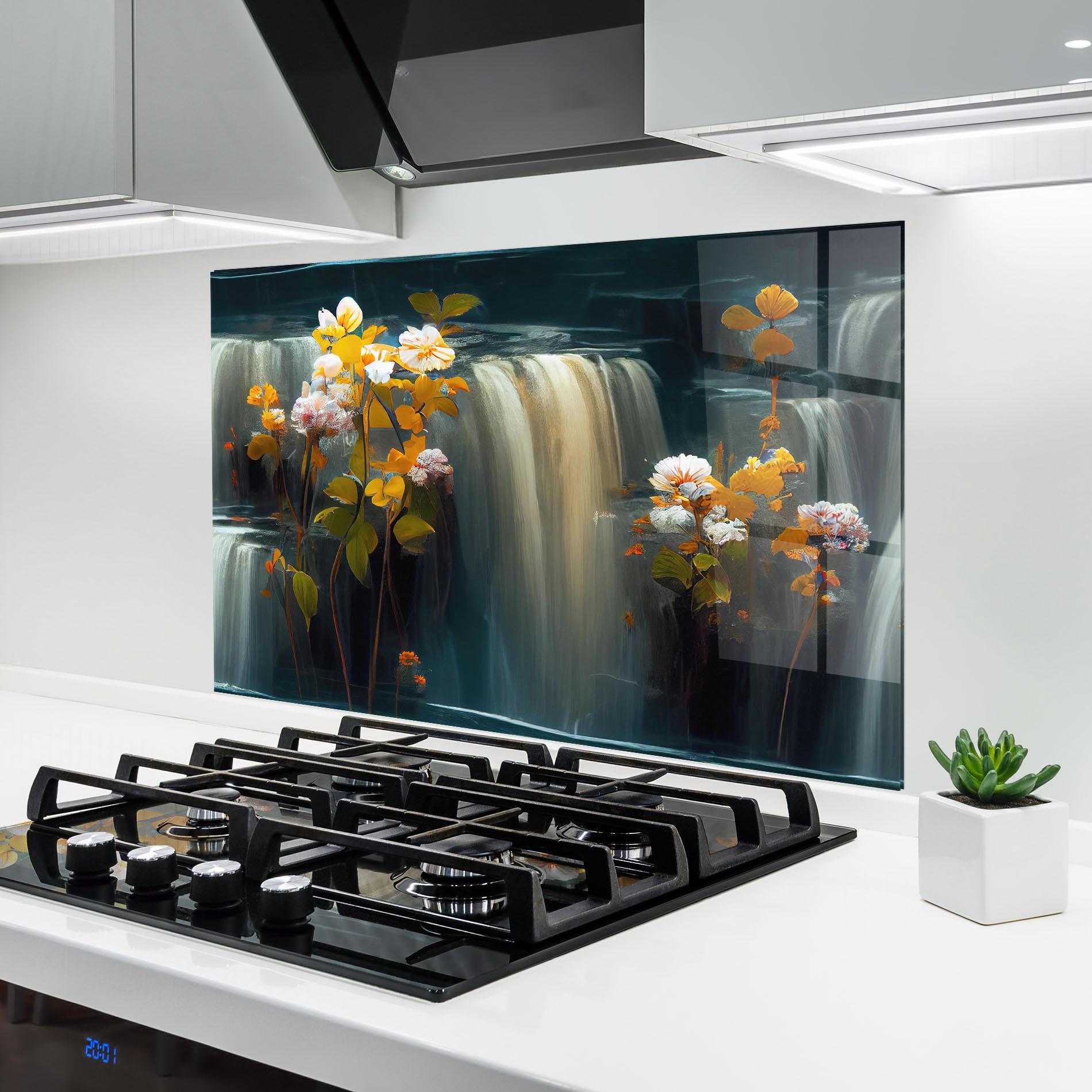 Panou Sticla Bucatarie Flowers Waterfall mockup 6