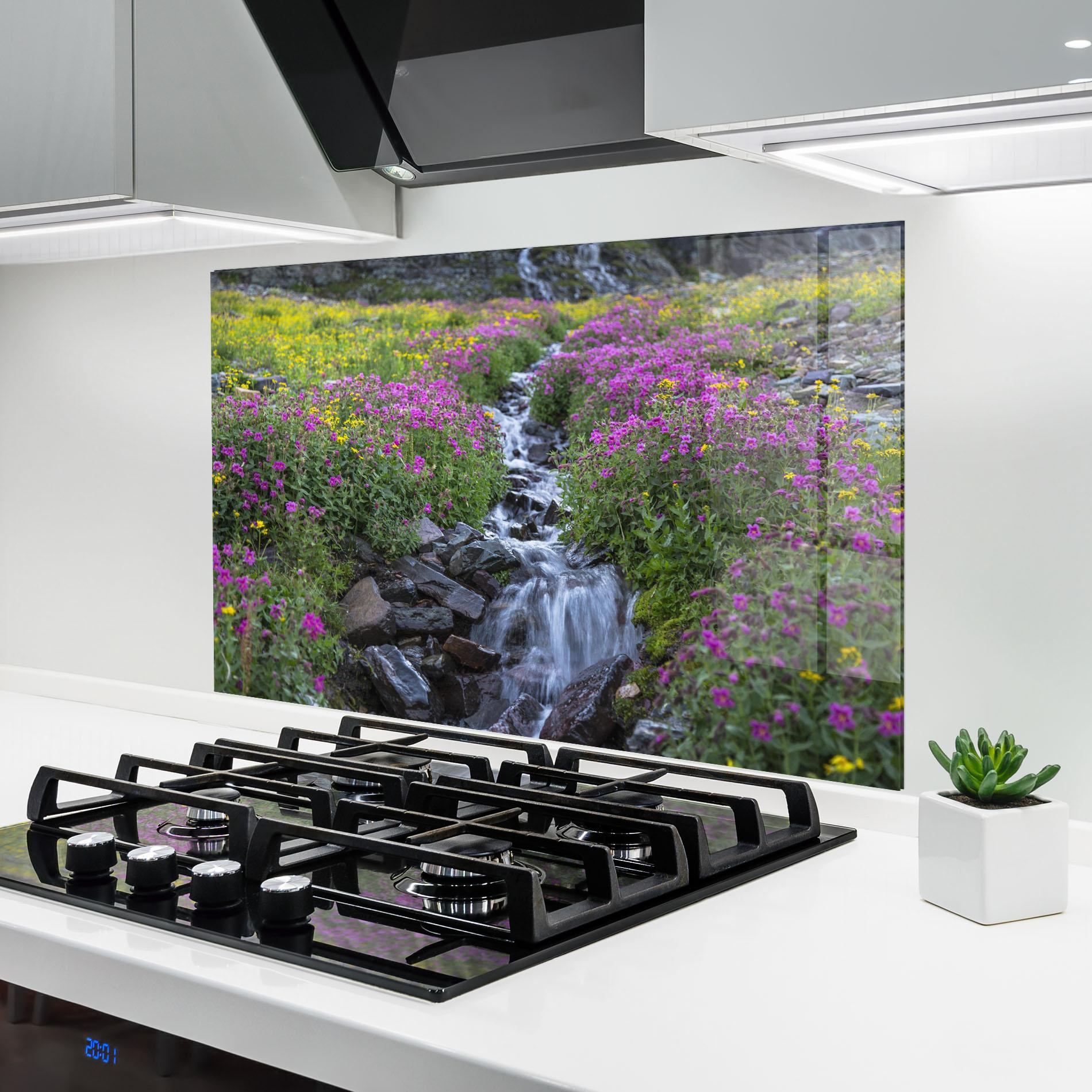 Panou Sticla Bucatarie Purple Field Waterfall mockup 6