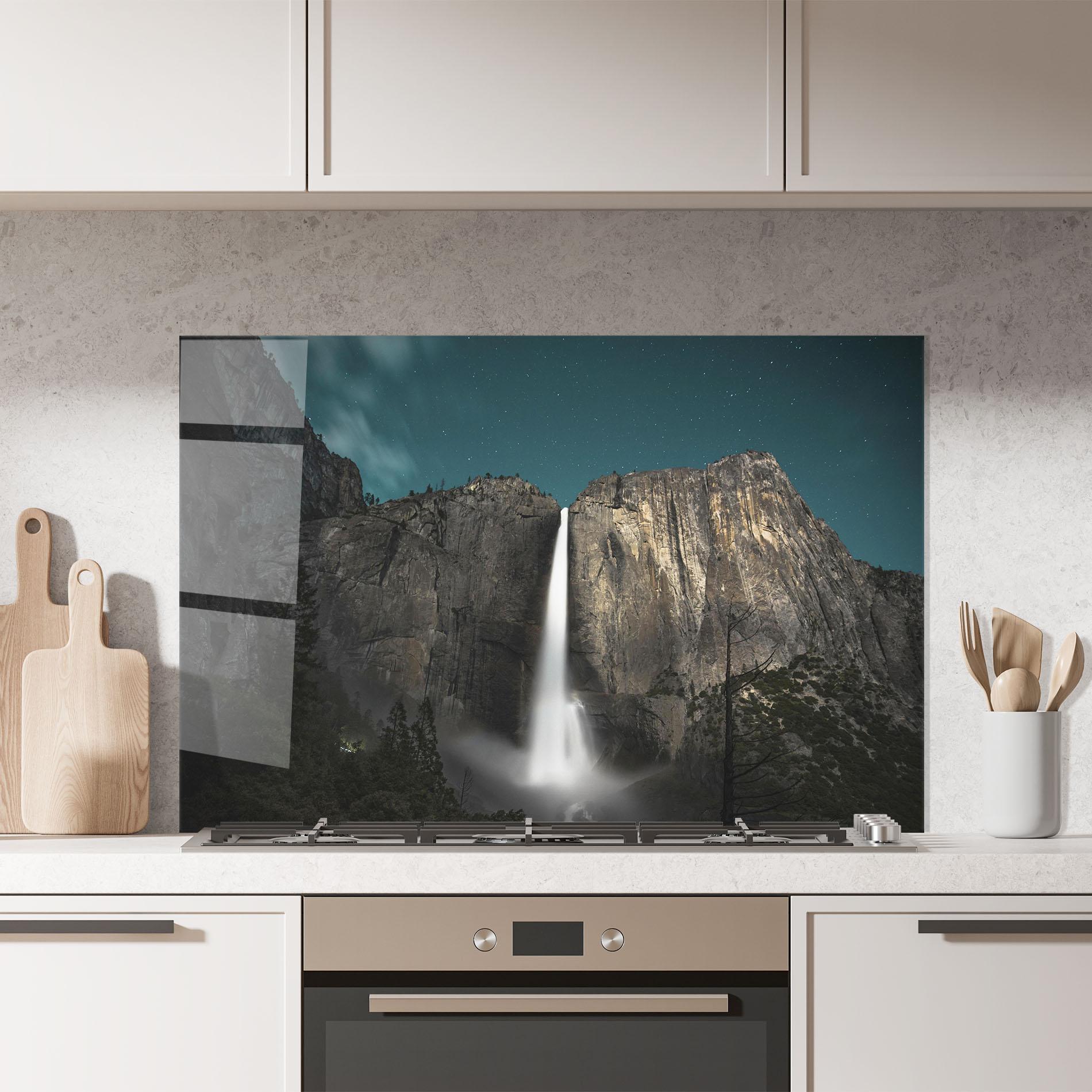 Panou Sticla Bucatarie Dark Blue Sky Waterfall mockup 7