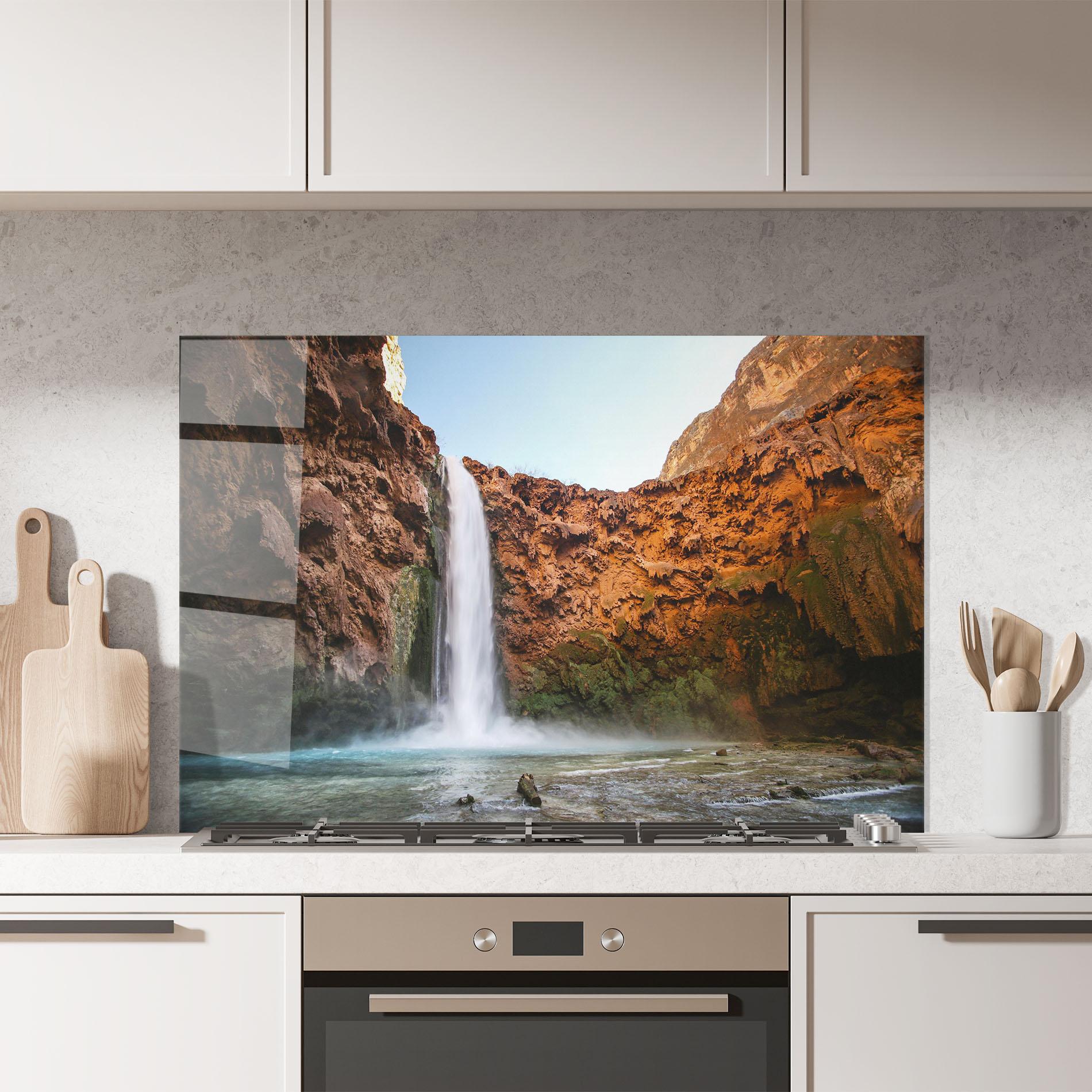 Panou Sticla Bucatarie Orange Wall Waterfall mockup 7