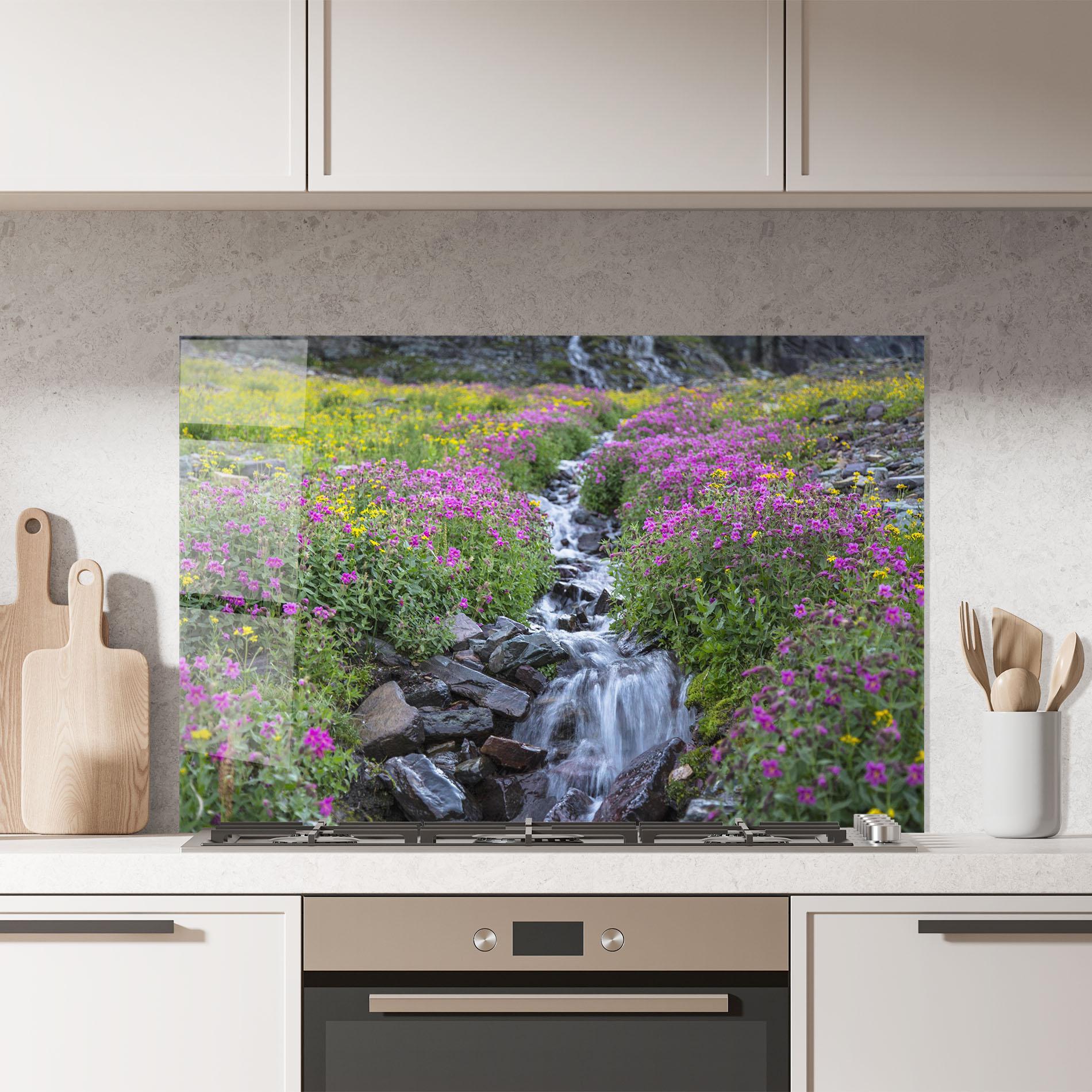 Panou Sticla Bucatarie Purple Field Waterfall mockup 7