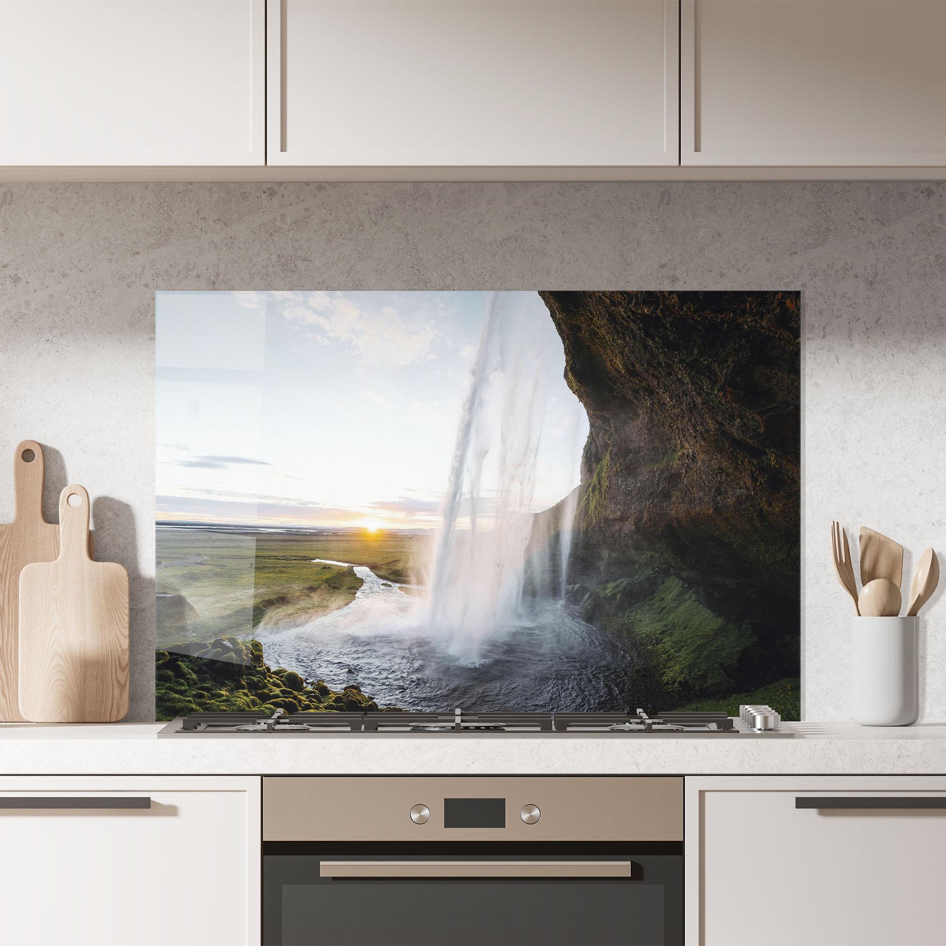 Panou Sticla Bucatarie Sunrise Waterfall mockup 7
