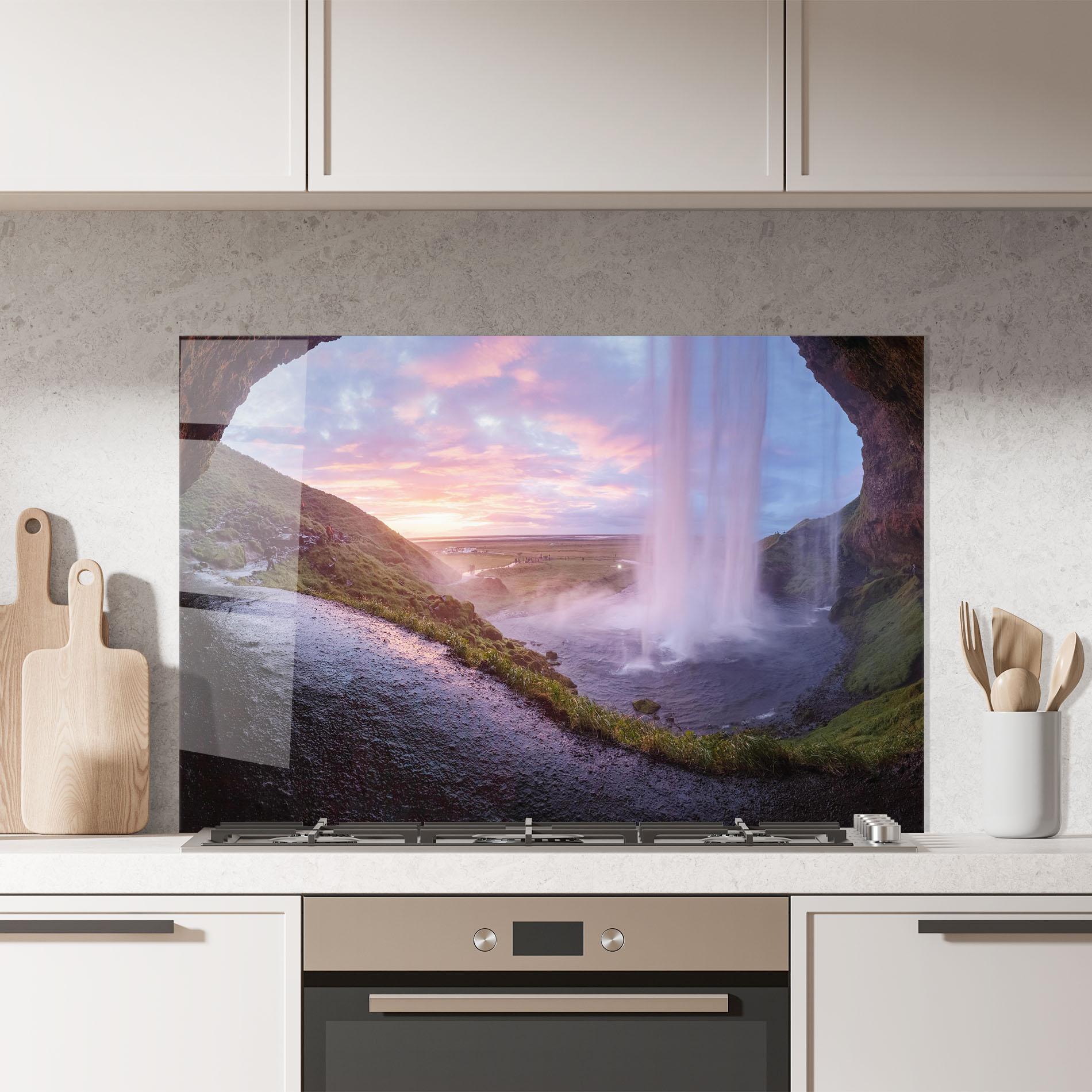 Panou Sticla Bucatarie Waterfall From Cave View mockup 7