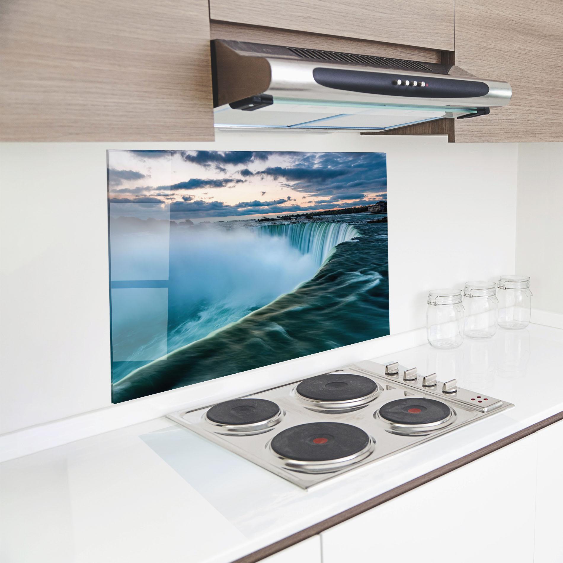 Panou Sticla Bucatarie Dreamy Blue Waterfall mockup 8