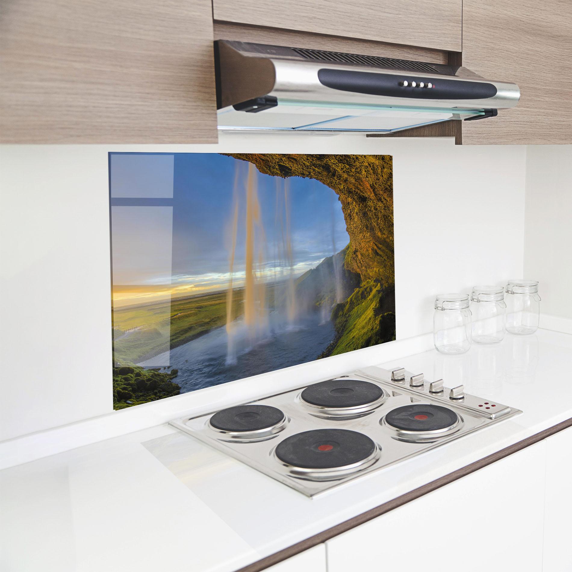 Panou Sticla Bucatarie Orange Waterfall mockup 8