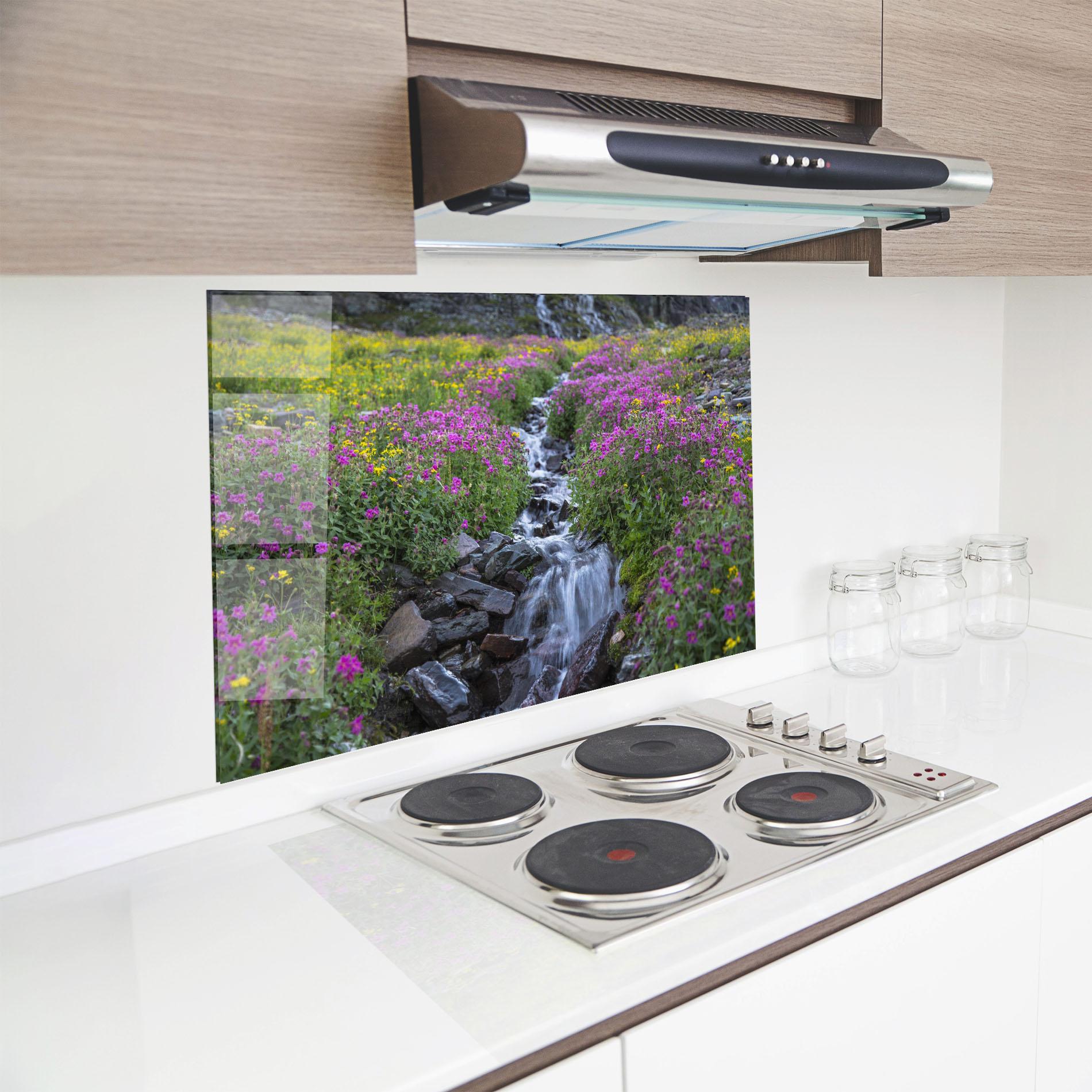 Panou Sticla Bucatarie Purple Field Waterfall mockup 8