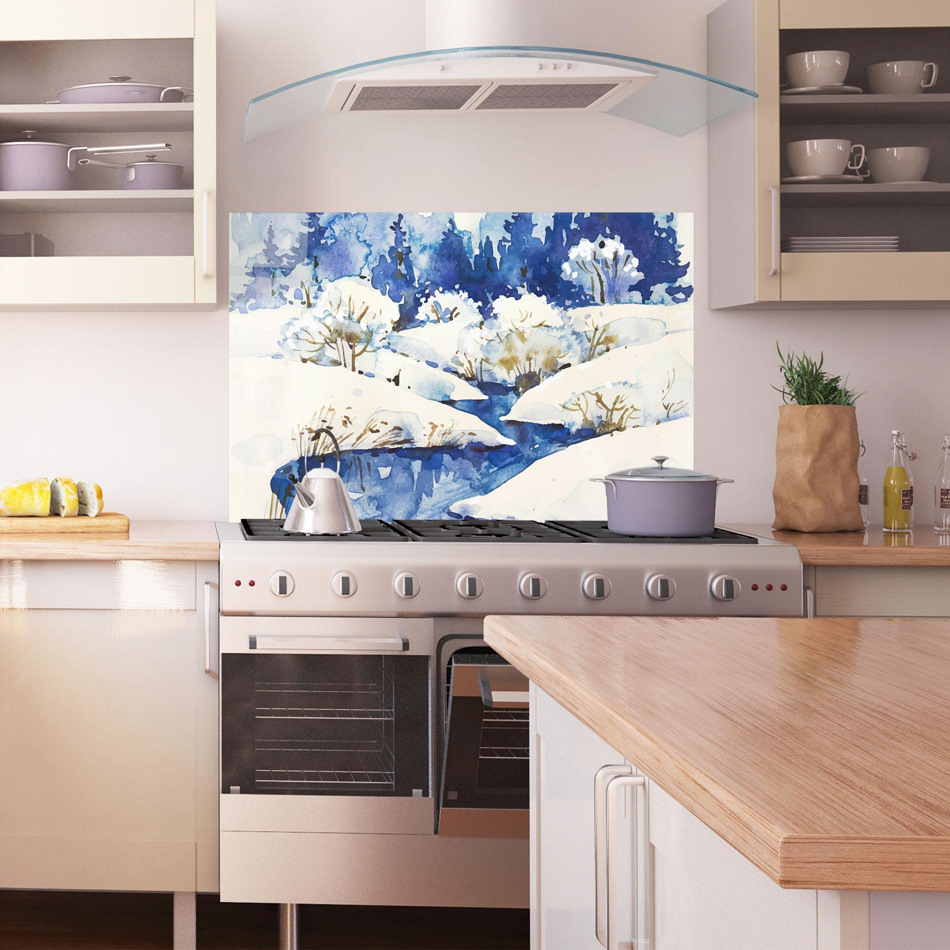 Panou Sticla Bucatarie Blue Trees Winter mockup 1