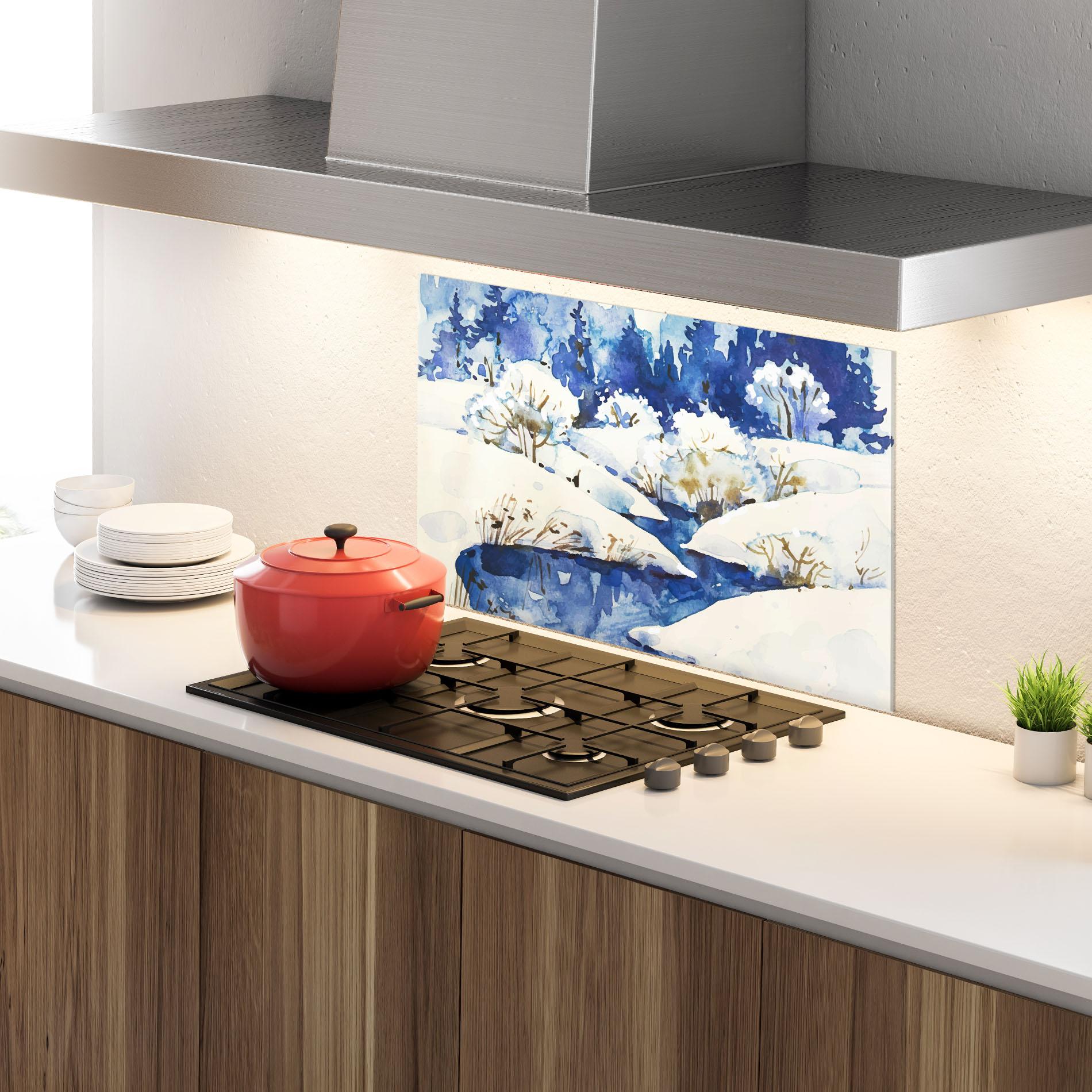 Panou Sticla Bucatarie Blue Trees Winter mockup 4