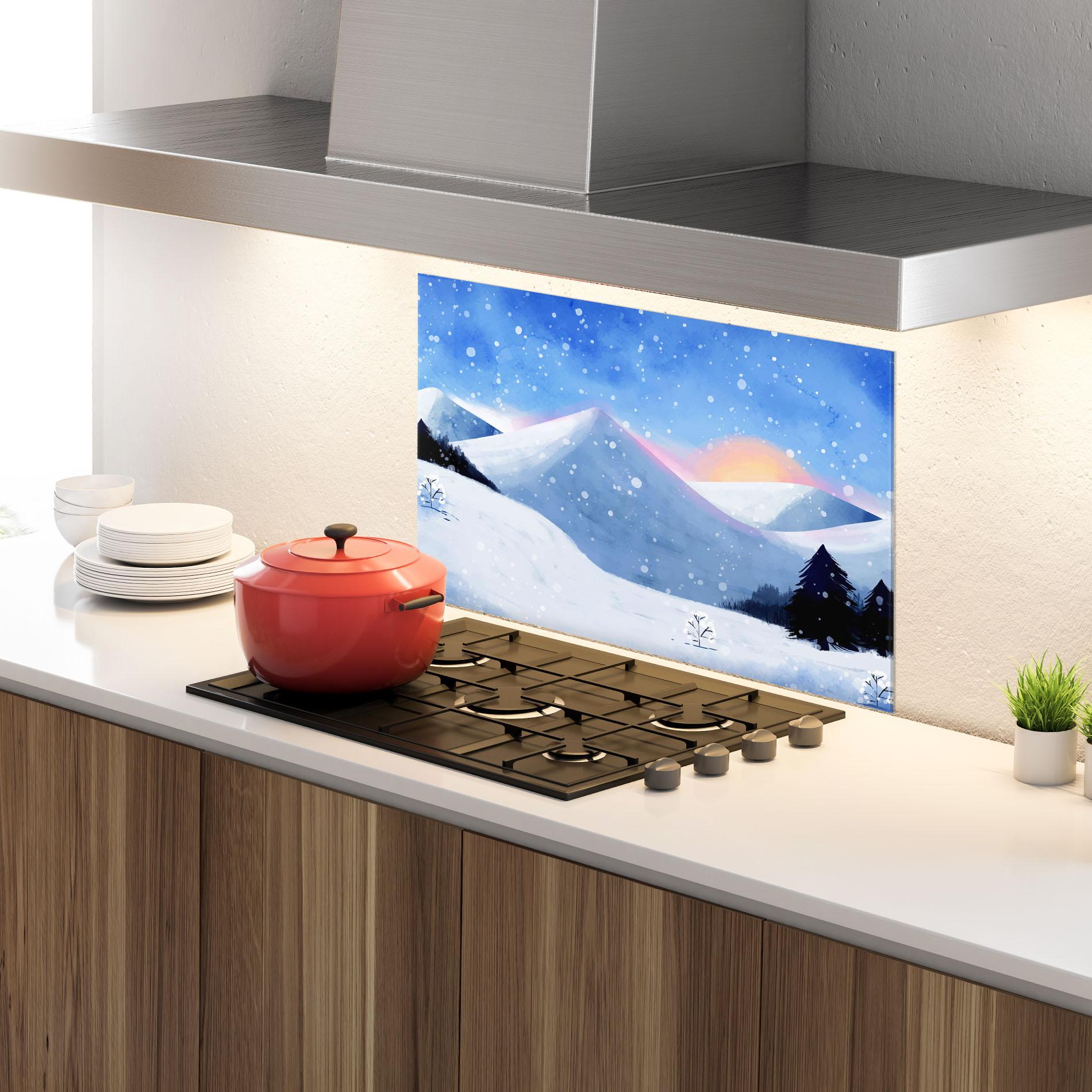 Panou Sticla Bucatarie Mountain Snow Art mockup 4