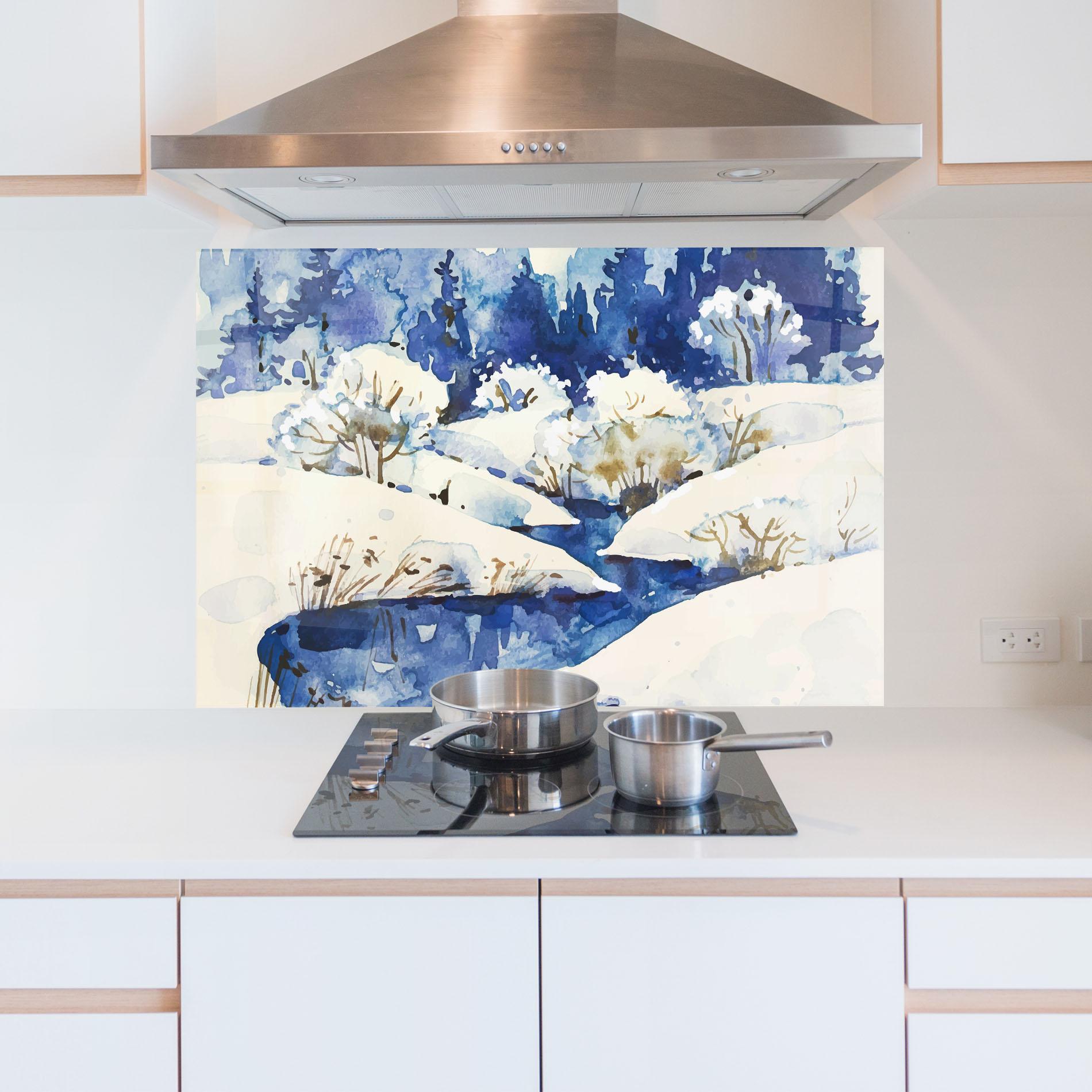 Panou Sticla Bucatarie Blue Trees Winter mockup 5