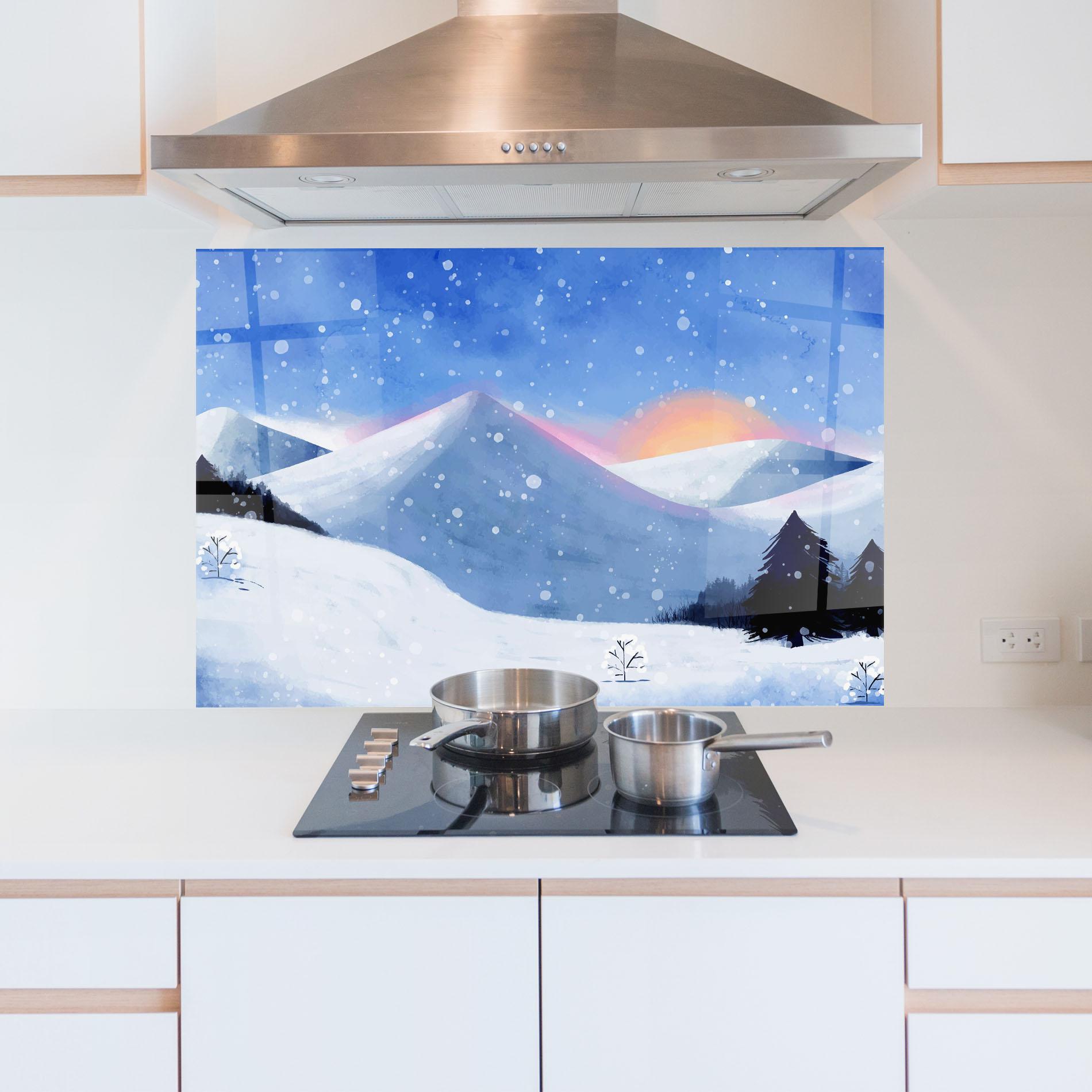 Panou Sticla Bucatarie Mountain Snow Art mockup 5