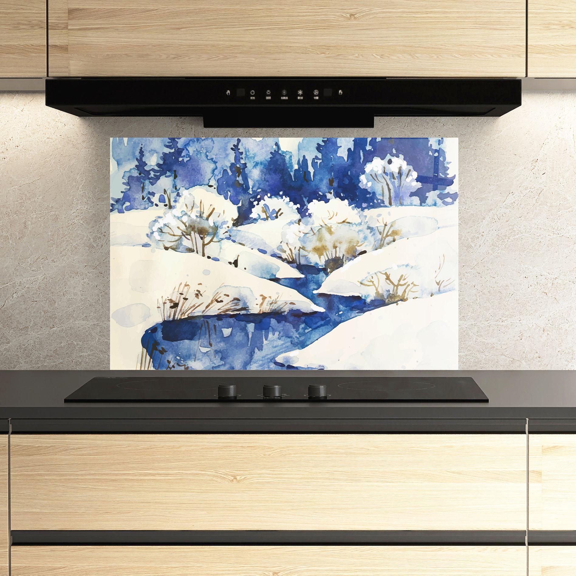 Panou Sticla Bucatarie Blue Trees Winter mockup 3