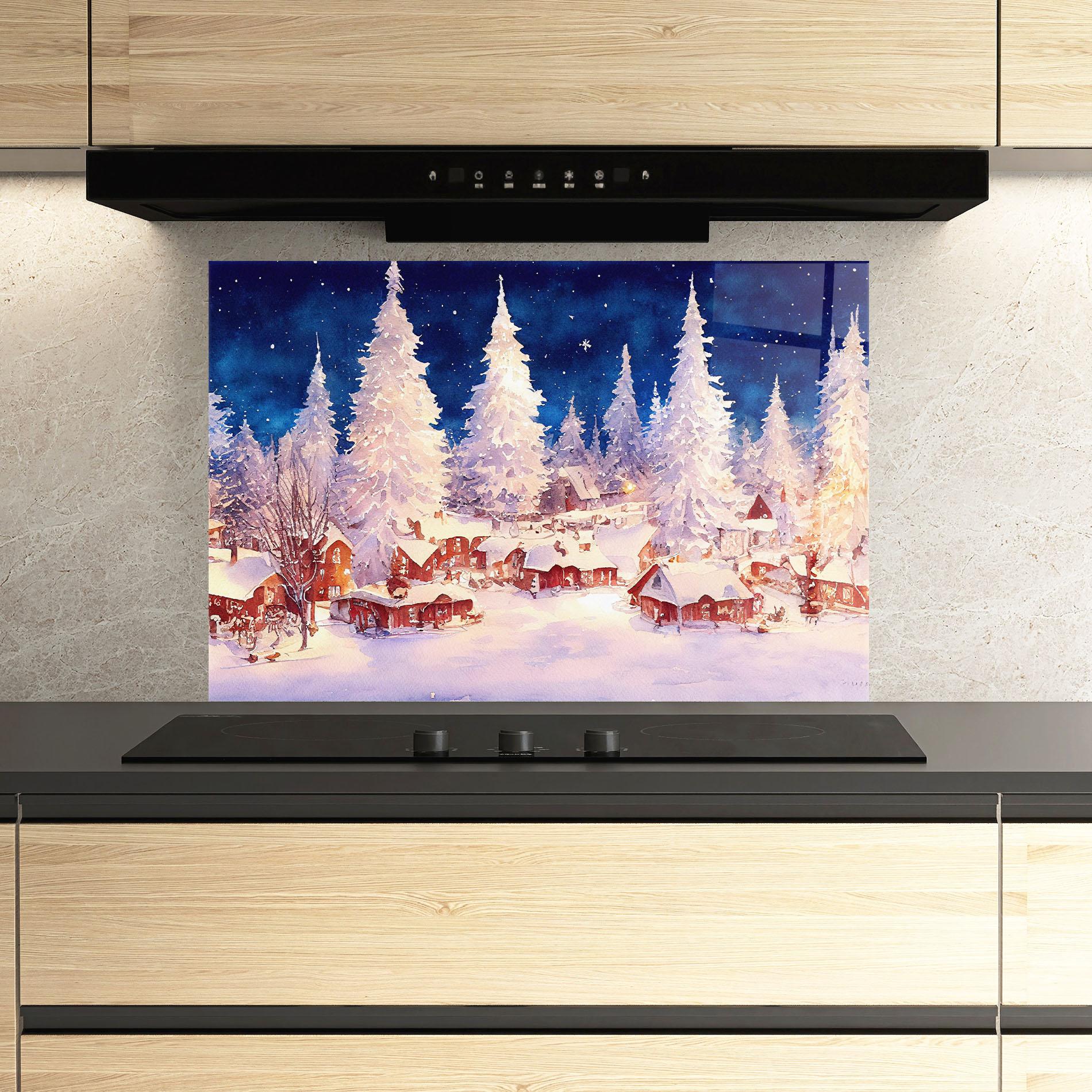 Panou Sticla Bucatarie Snow Falling Painting mockup 3