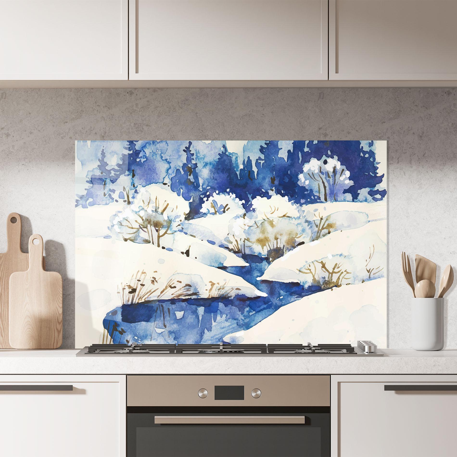 Panou Sticla Bucatarie Blue Trees Winter mockup 7