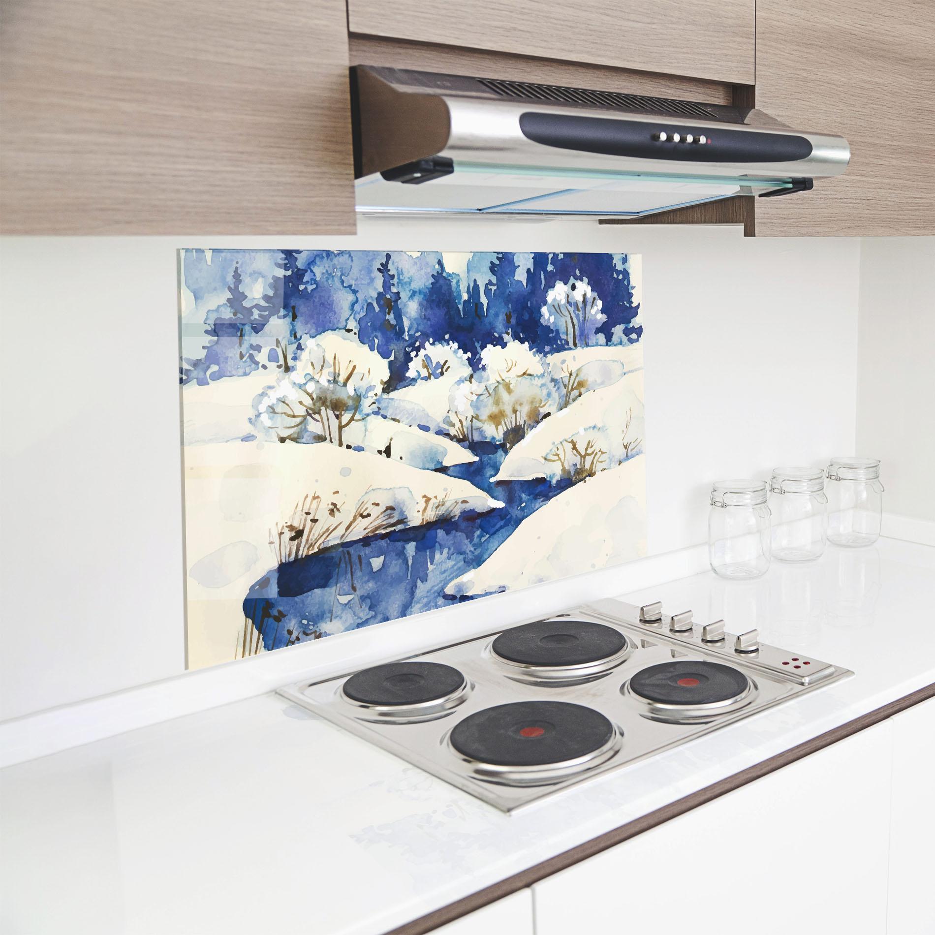 Panou Sticla Bucatarie Blue Trees Winter mockup 8