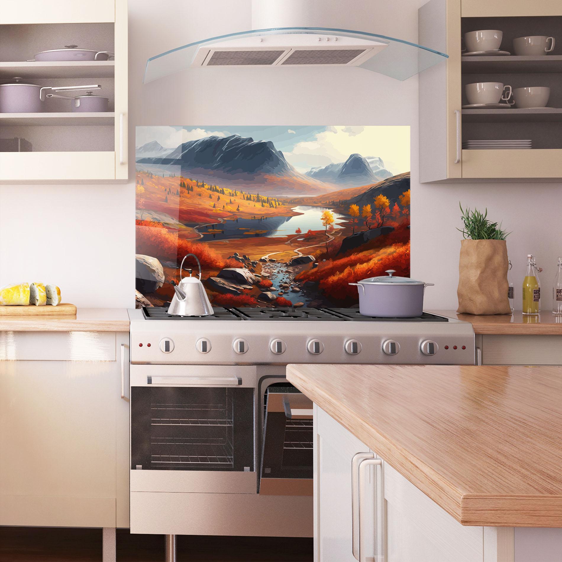 Panou Sticla Bucatarie Autumn Field Lake mockup 1