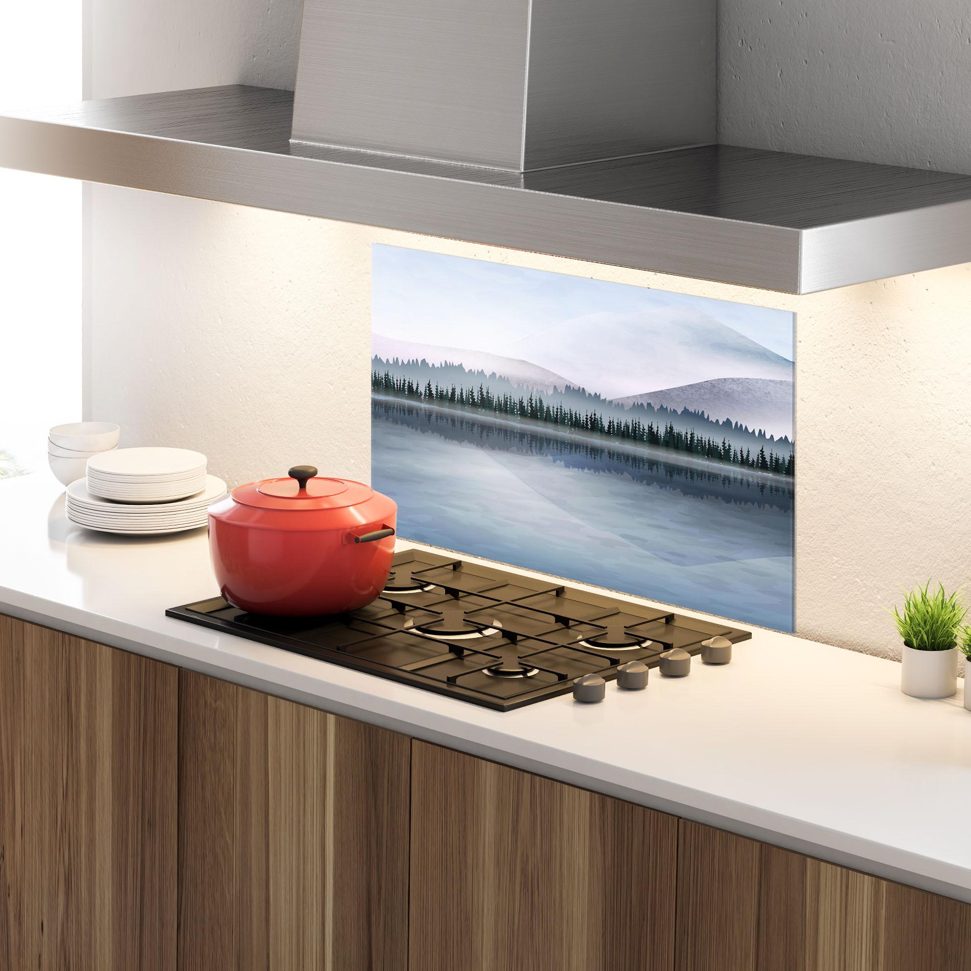 Panou Sticla Bucatarie Grey Lake Trees mockup 4