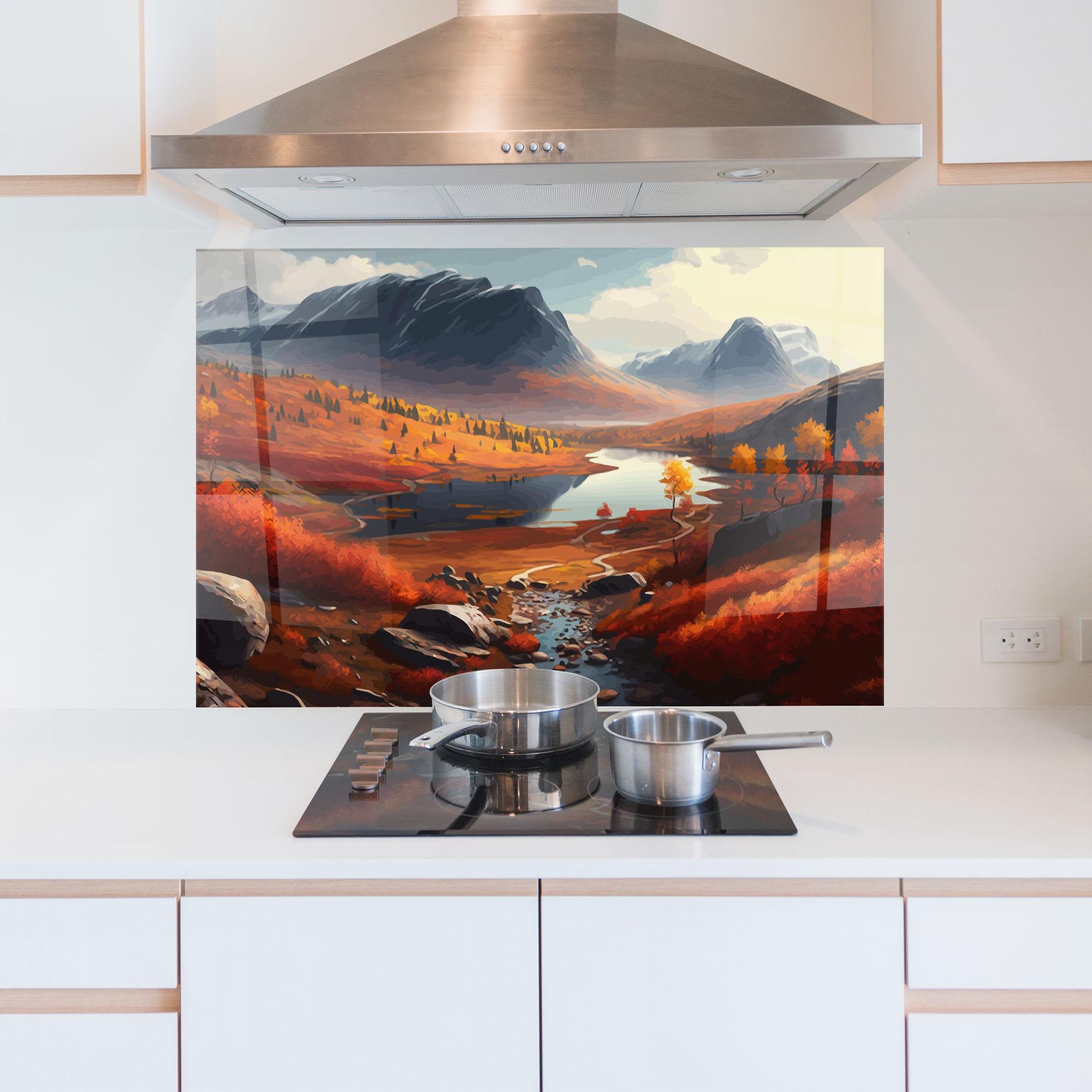 Panou Sticla Bucatarie Autumn Field Lake mockup 5