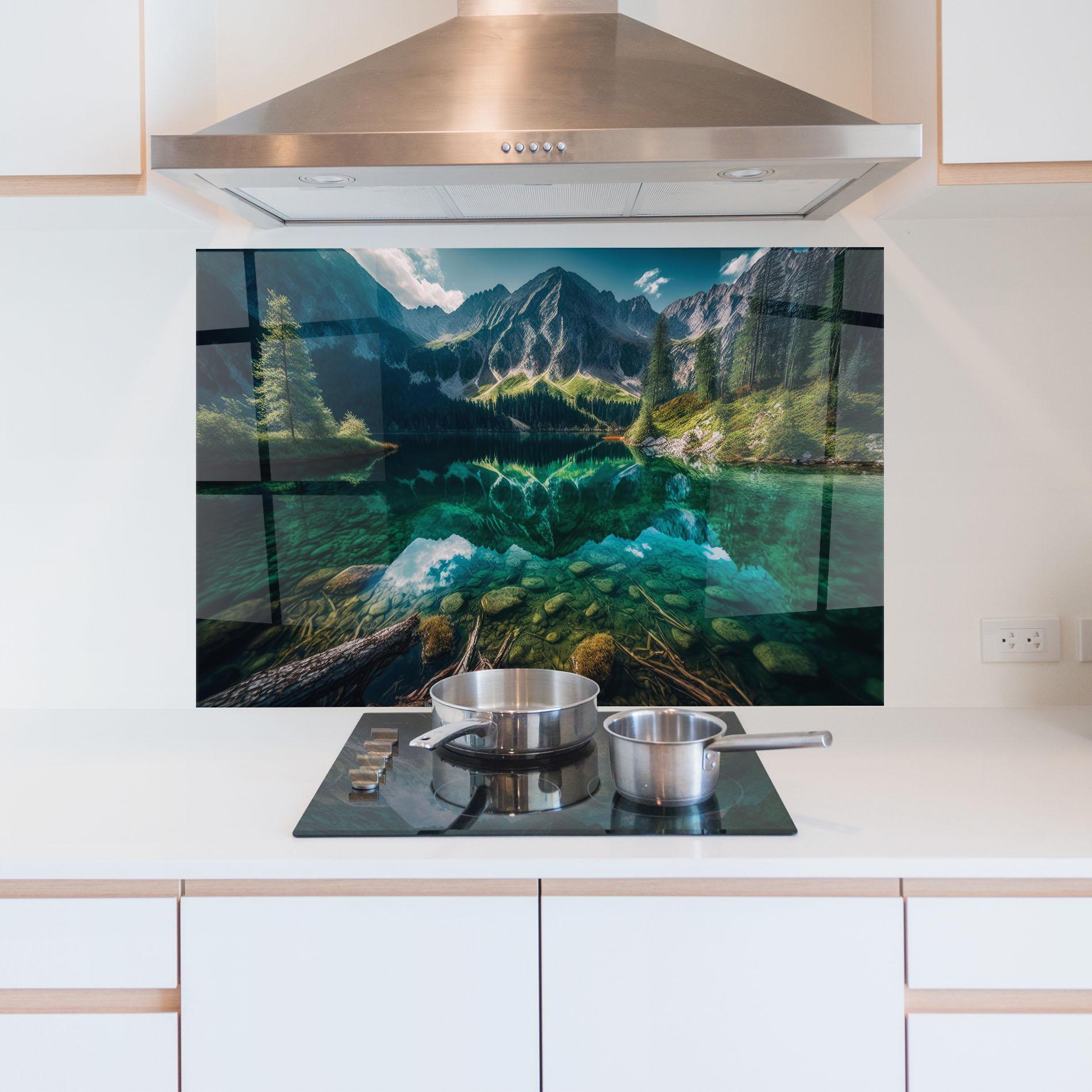 Panou Sticla Bucatarie Beautiful Lake Mountain mockup 5