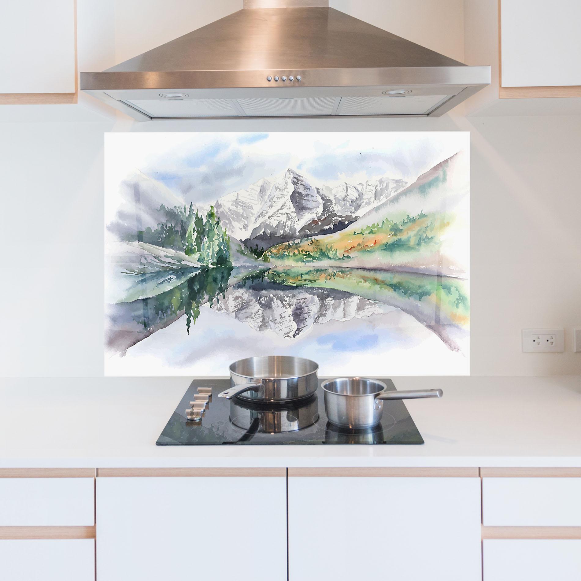 Panou Sticla Bucatarie Mountain Lake Paint mockup 5