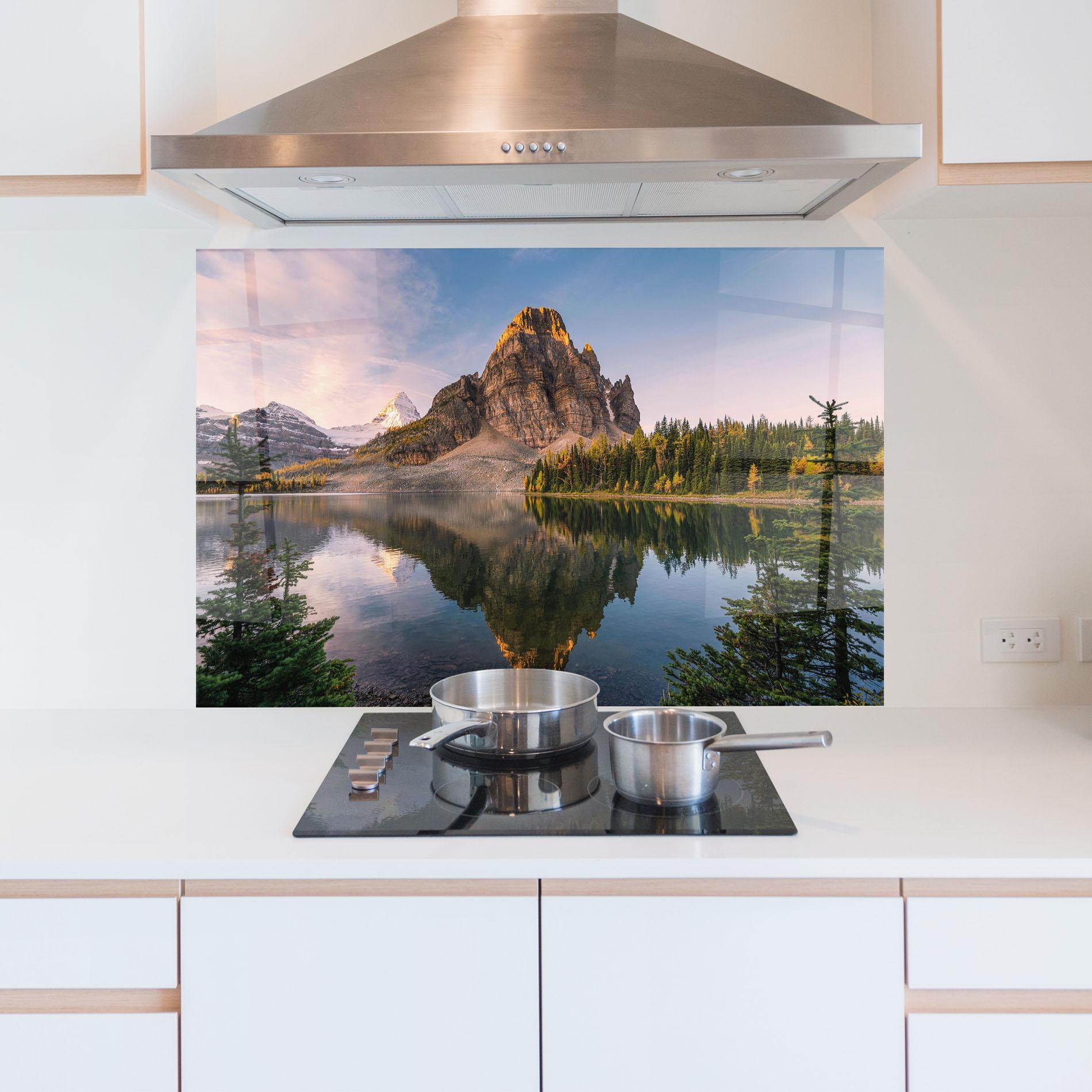 Panou Sticla Bucatarie Mountain Sunrise Lake mockup 5