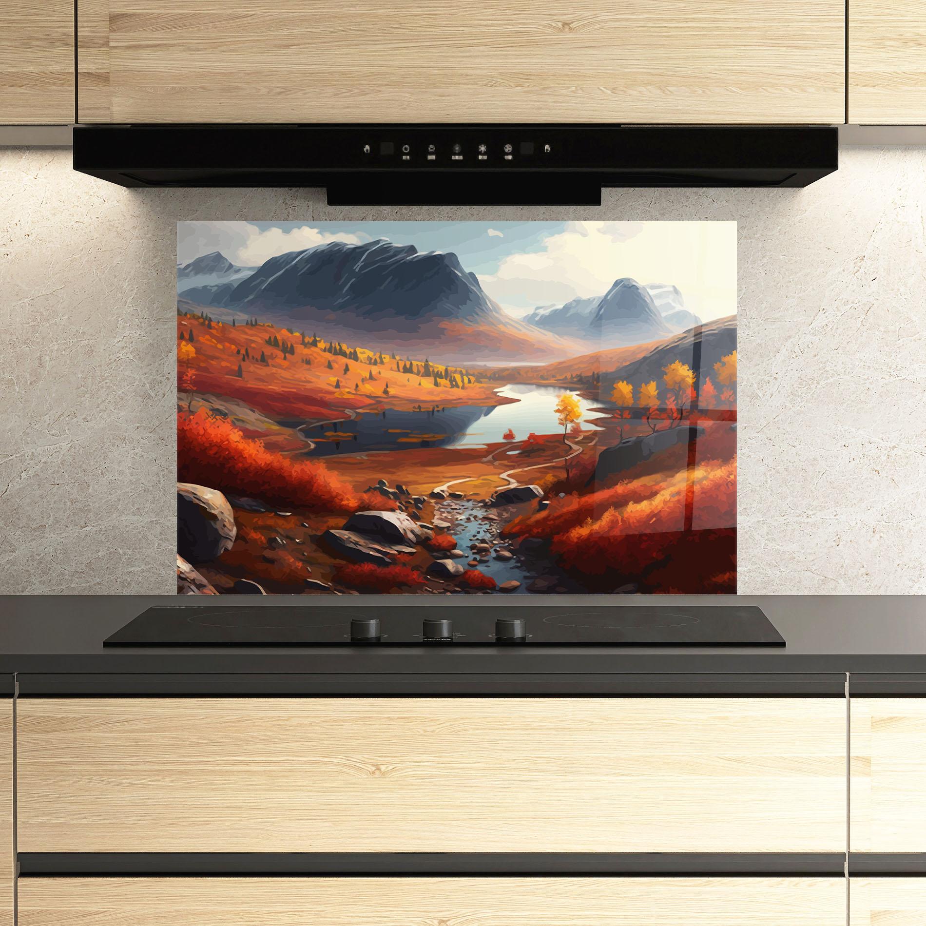 Panou Sticla Bucatarie Autumn Field Lake mockup 3